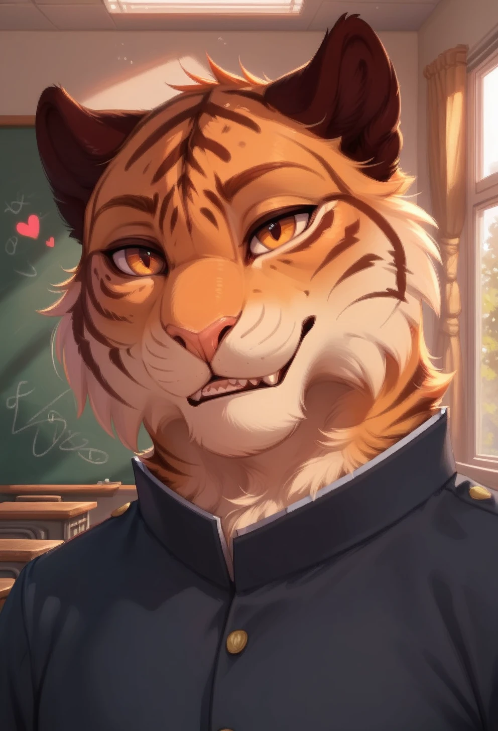 score_9, score_8_up, score_7_up, score_6_up, 1anthro, 1human, male, , furry, detailed fur, anthro, eyes, , perfect face, detailed eyes, perfect eyes, sexy, sexy boy, beautiful eyes, perfect cute face, petite body, face focus, low angle, close up, looking at viewer, face focus, indoors, detailed lighting, detailed background,
smug expression, floating hearts, eye focus, smug, pleased, mischievous, smirk, seductive pose, flirty, flirting with viewer, posing, seductive pose, posing for viewer, seductive, upper body, portrait, smiling, loving, school, classroom,
detailed eyes, perfect eyes, beautiful eyes, , bedroom eyes, detailed eyes, perfect eyes, beautiful eyes, , detailed fur, tail, eyes, realistic fur, , solo, 1 boy, young, (((handsome, detailed face and eyes))), solo, anthro, male, chubby, overweight, fat, tiger, striped fur, orange eyes, two tone fur, feline, tiger tail, long tail, Jun_Kobayashi, Jun, wearing school uniform, grey clothes, gray clothes, uniform, clothed, tiger tail visible, <lora:Jun_Kobayashi_-_Tennis_Ace:0.55>
tail, uncensored,
<lora:princess_xl_v1:1> <lora:Expressive_H:0.8> <lora:g0th1cPXL:0.45> <lora:incase-ilff-v3-4:0.3>, feline mouth, sharp teeth,
<lora:CleanDetailed_Eyes:0.25> <lora:Better_caninefeline_mouth:0.2>