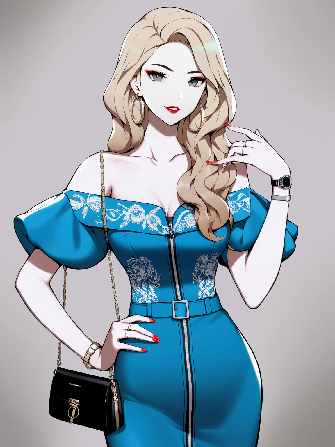 Masterpiece,best quality,smile,tsurime,lips,puffy lips,lipstick,looking at viewer,
edgP_(pencil_dress), 1girl, solo, long hair, looking at viewer, blonde hair,office lady, jewelry, collarbone, earrings, parted lips, belt, hand up, bag, nail polish, bracelet, lips, fingernails, hand on hip, makeup, blue dress, ring, lipstick, zipper, watch, hoop earrings, handbag, red lips, wristwatch, fashion, wearing edgP_(pencil_dress), embroidery,corset,off-shoulder,
<lora:edgPencilDressILS:0.78>