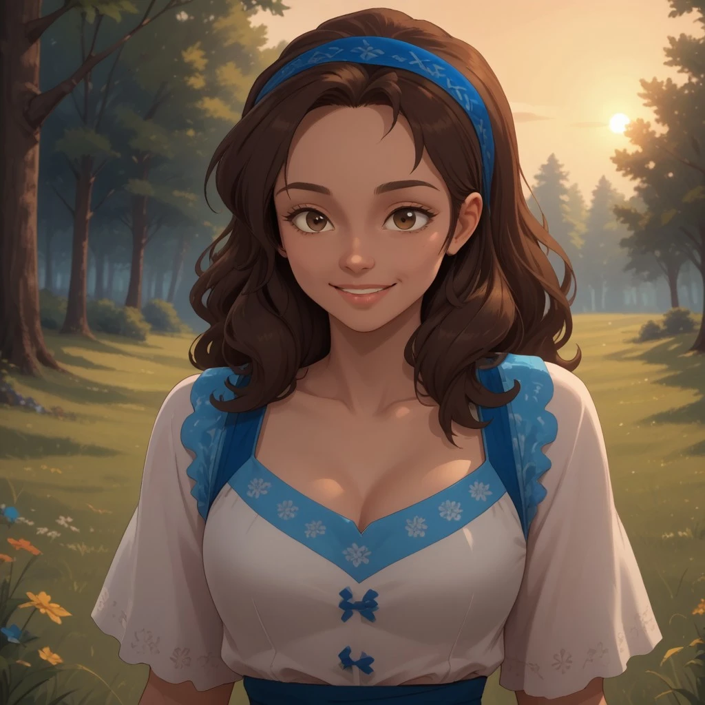 score_9, score_8, BREAK, solo, brown hair, brown eyes, blue ribbon, blue long dress, black shoes, dark skin, dark skin female, Isabel_(Elena_Of_Avalor), cute, sexy pose, self portrait, smile, outdoors, sunlight, shadows, evening lighting, natural lighting, forest, trees, grass, orange sky, sunset