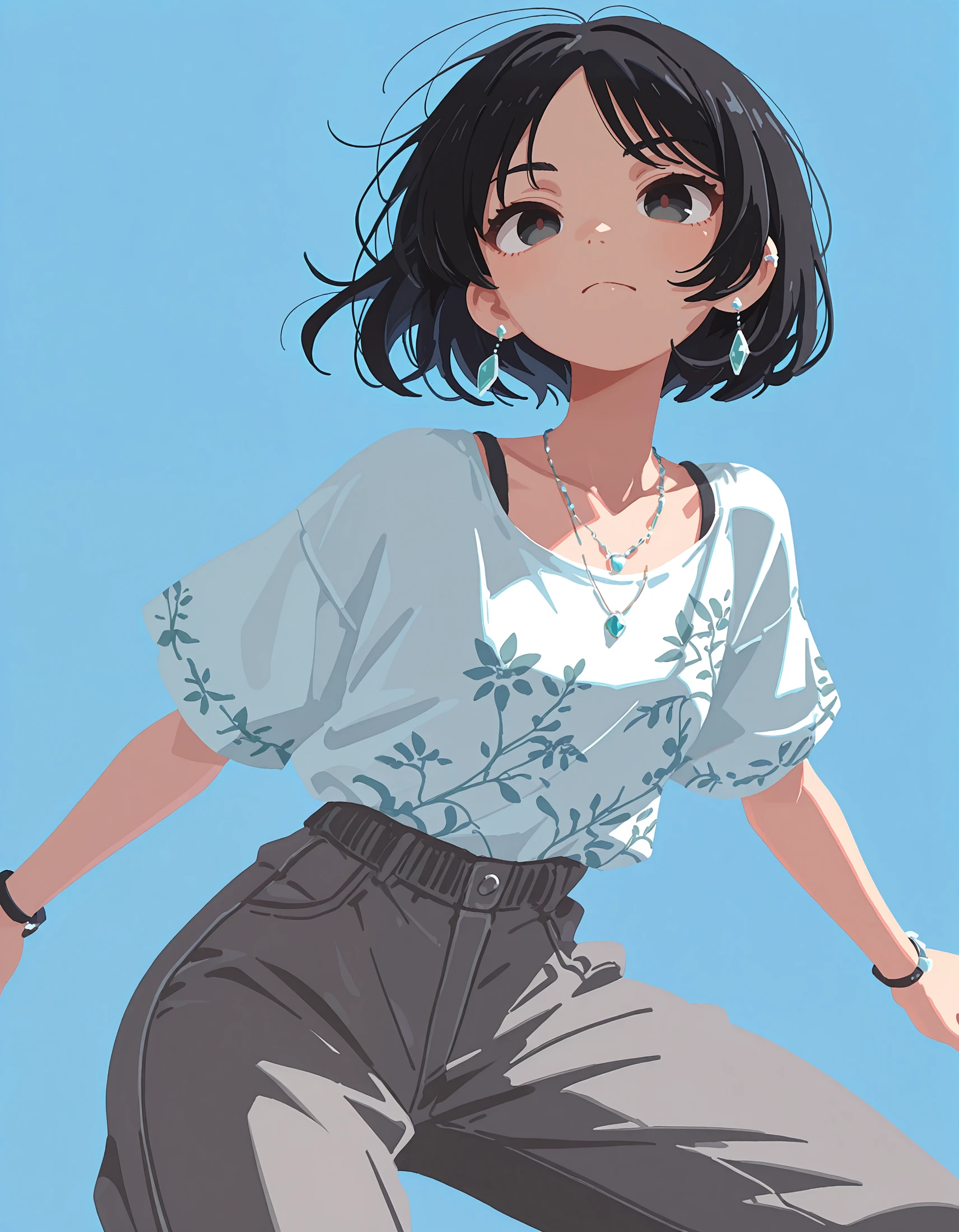 intricate details,masterpiece, very aesthetic, absurdres, <lora:t4kar4i_shunsuk3:1>,t4kar4i_illu, no_outlines,no lineart,1girl, solo, jewelry, black hair, shirt, earrings, short hair, necklace, grey pants, blue background,dynamic pose,