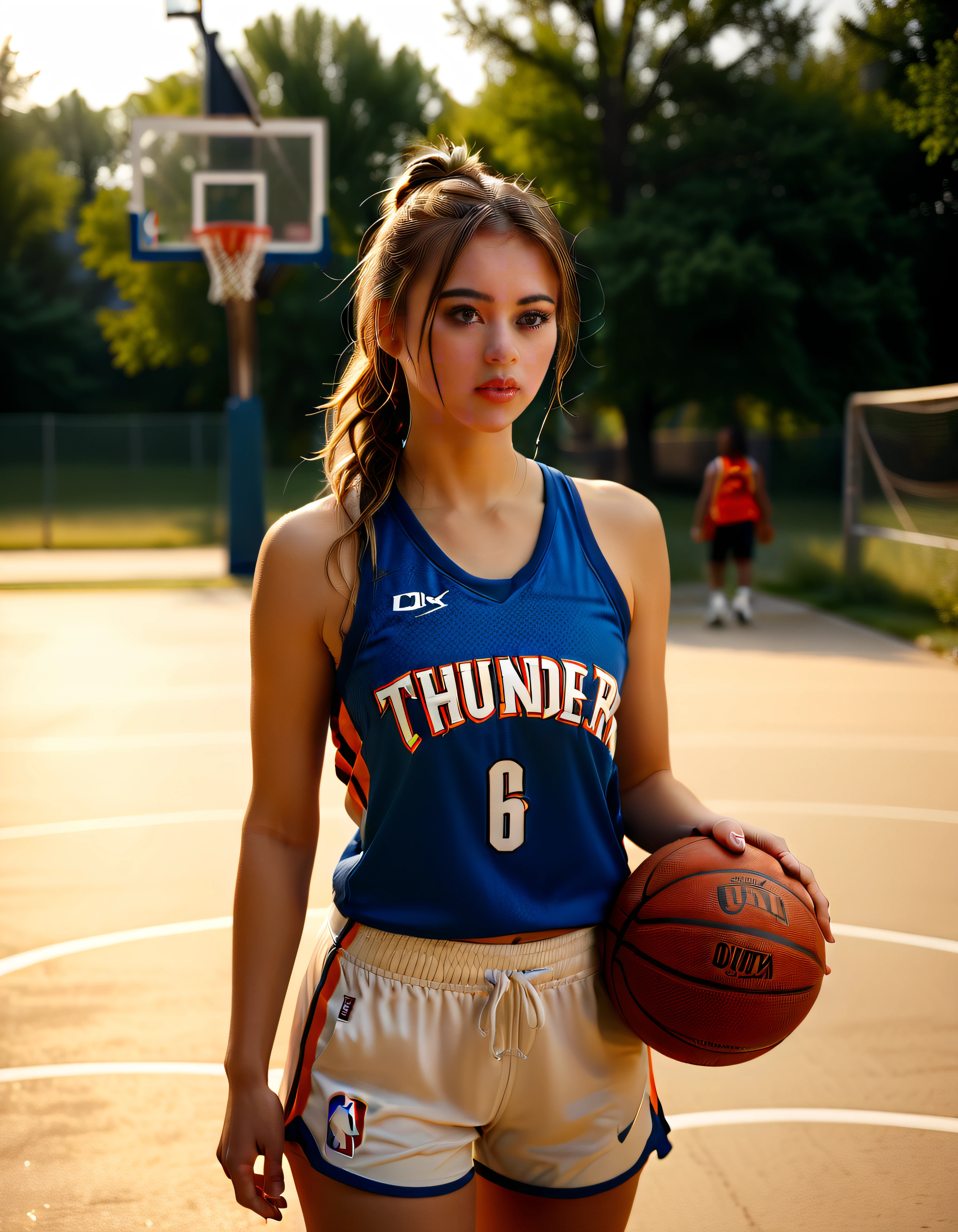 masterpiece, flux-style, analog style, realistic, real, film grain. A young athletic woman (midthunder), dark brown hair with blonde highlights, standing confidently on an outdoor (b4sk3tb4ll c0urt). She is wearing a white OKC Thunder jersey with blue and orange trim that says "THUNDER" in an arch across the front of the NBA sports jersey above the number "69", fitted but comfortable. She holds a basketball in one hand. Her hair is tied back in a high ponytail, with a few loose strands framing her face. The court has clear white markings, and a basketball hoop with a net is visible in the background. The scene is illuminated by natural sunlight, casting soft shadows on the ground. In the distance, green trees border the court adding a vibrant background. Best quality, hi-res, 8K, award winning, (sharp focus, intricate, highly detailed)