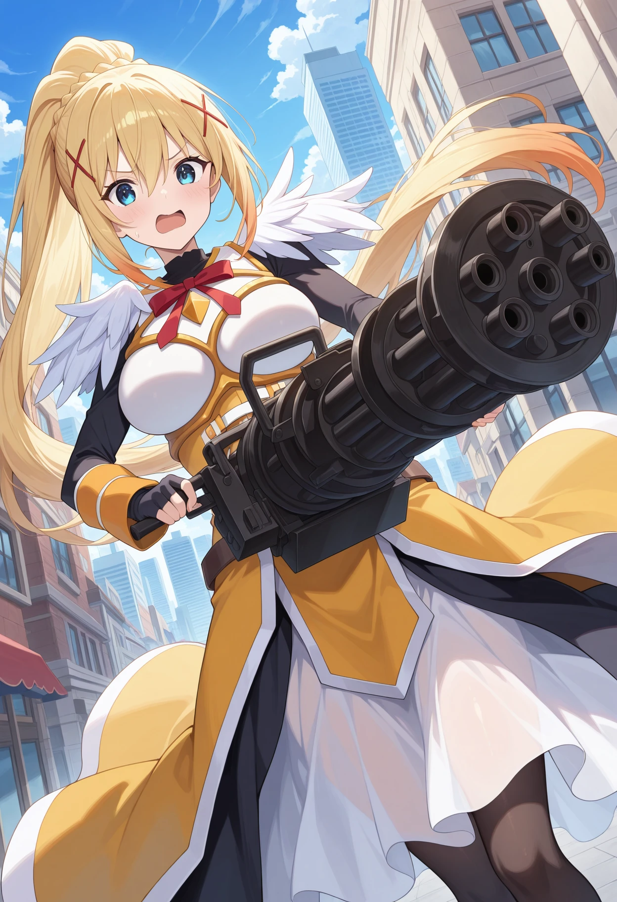 masterpiece, absurdres, newest, 1girl, c-m134, holding m134, two-handed, darkness \(konosuba\), kono subarashii sekai ni shukufuku wo!, 1girl, blue eyes, hair between eyes, blonde hair, long hair, x hair ornament, ponytail, braid, large breasts, looking at viewer, outdoors, city, dutch angle, open mouth,