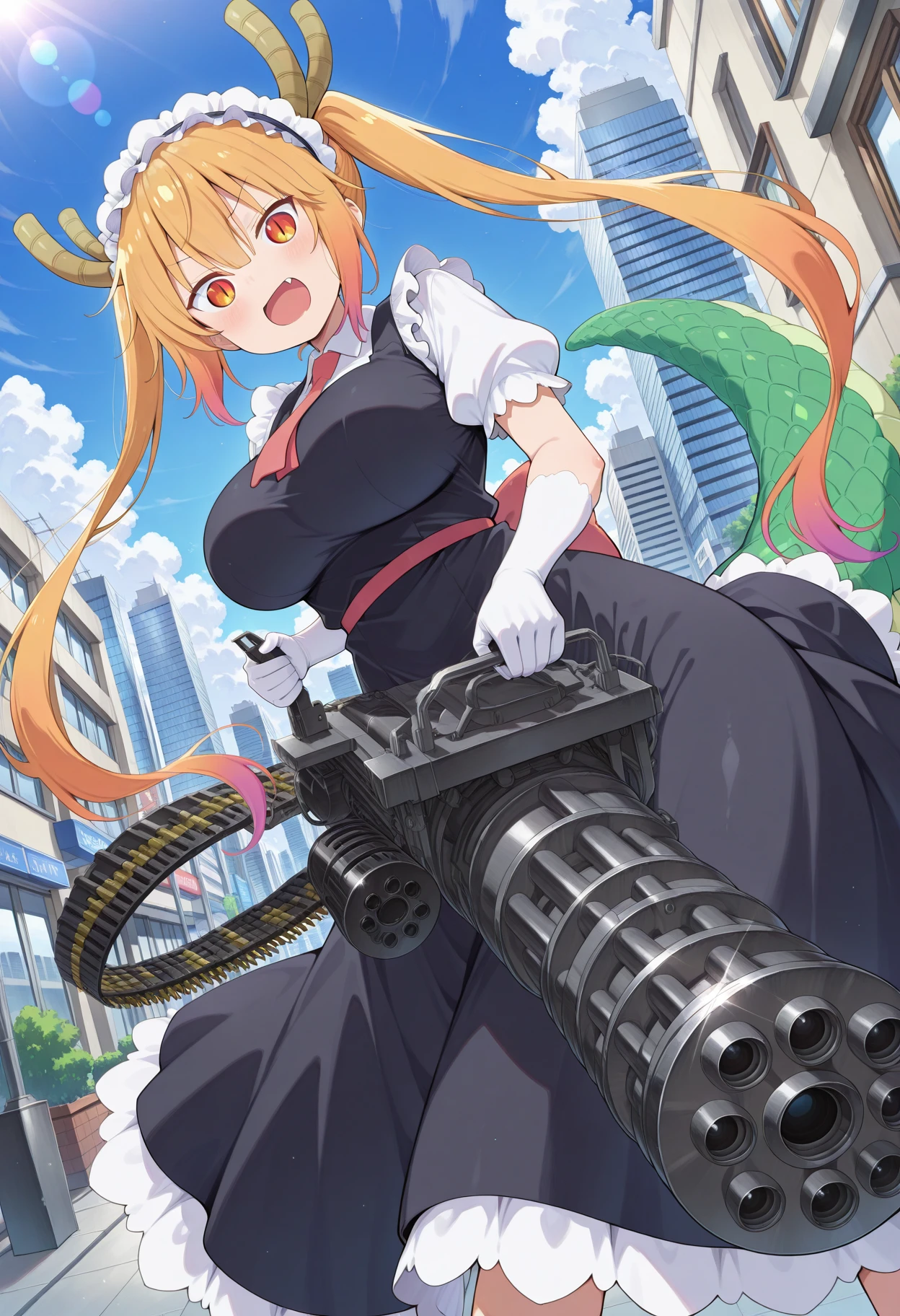 masterpiece, absurdres, newest, 1girl, c-m134, holding m134, two-handed, ammunition belt, tohru \(maidragon\), kobayashi-san chi no maidragon, 1girl, maid, maid headdress, maid, dragon horns, dragon tail, large tail, fang, orange eyes, hair between eyes, red eyes, slit pupils, blonde hair, long hair, orange hair, gradient hair, very long hair, twintails, large breasts, white gloves, elbow gloves, puffy short sleeves, dragon girl, looking at viewer, outdoors, city, day, lens flare, dutch angle, shiny metal, metal,