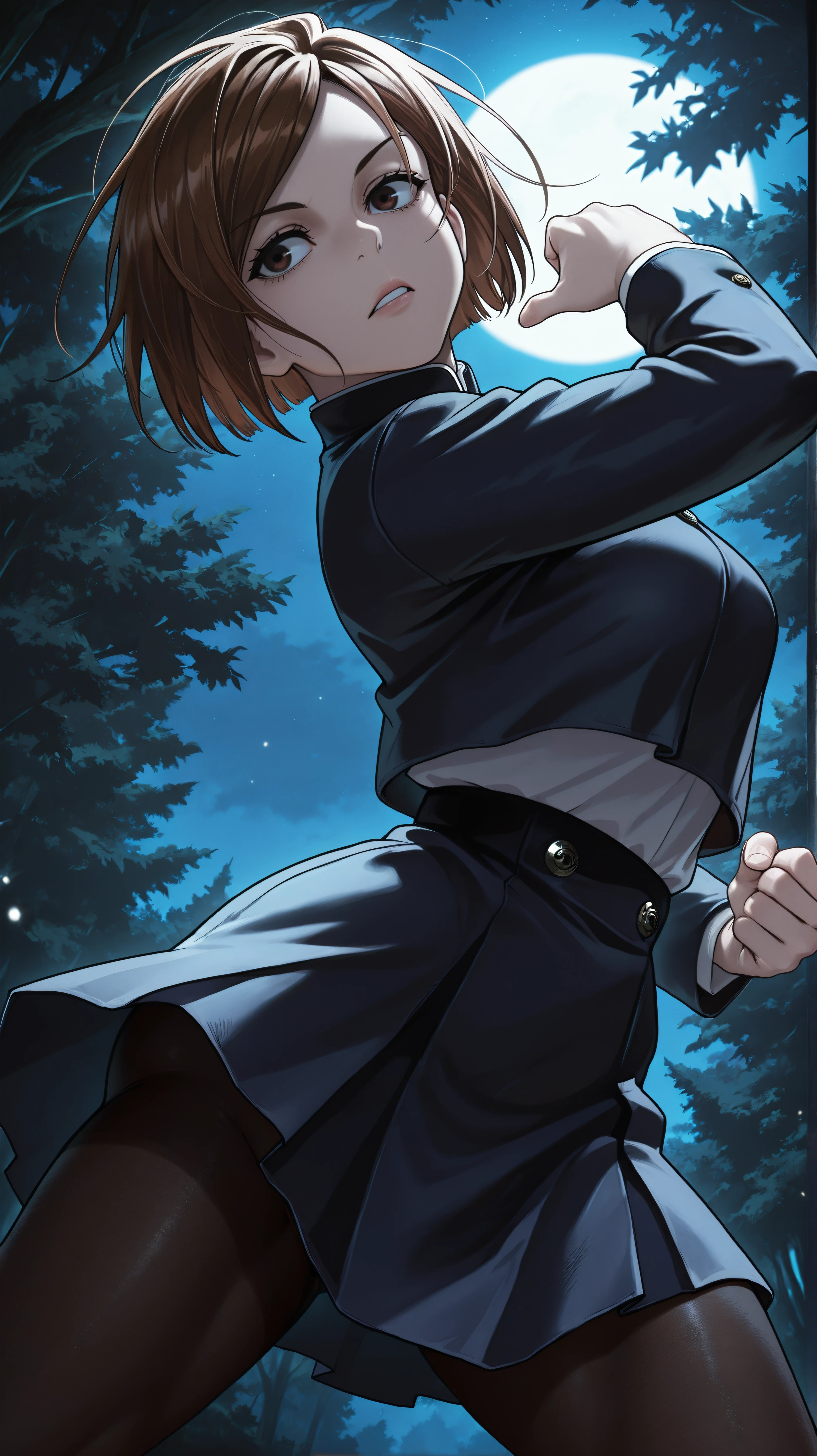 masterpiece, best quality, amazing quality, girl, dynamic pose, feminine pose, <lora:Nobara - Illu:1>, short hair, brown hair, brown eyes, jujutsu tech uniform, blue jacket, overhanging shirt, long sleeves, blue skirt, pantyhose, night time, darkness, moonlight, forest,,