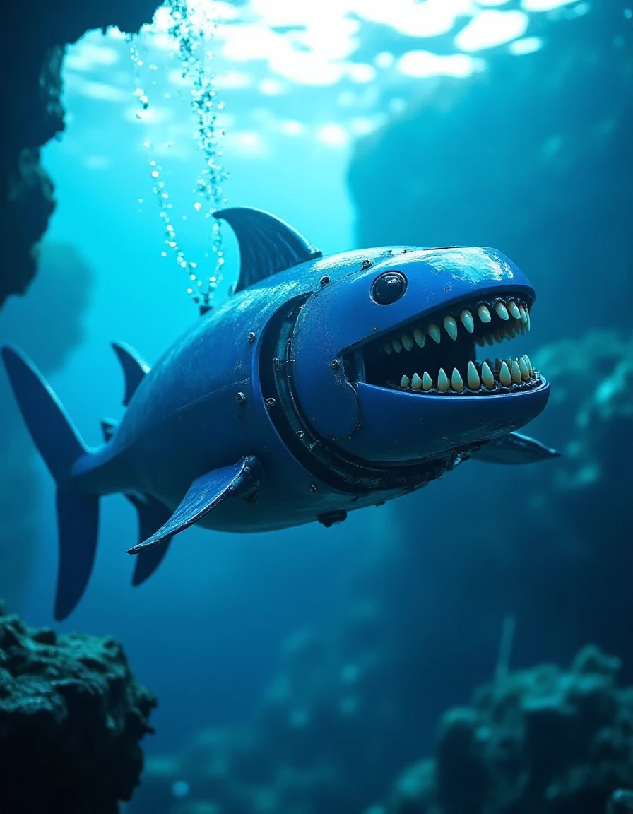 In the shimmering blue depths of an undersea canyon, a cobalt mecha swims gracefully, trailing streams of bubbles. Its sleek, fishlike design glimmers in the dappled sunlight filtering through the water above. As it turns to face an approaching enemy, its mouth panel splits, exposing ral-rbotth. The teeth are unnervingly vivid, wet with seawater, their organic realism clashing with the robotâs aquatic, high-tech design.
<lora:ral-rbotth-flux_000003000:1>