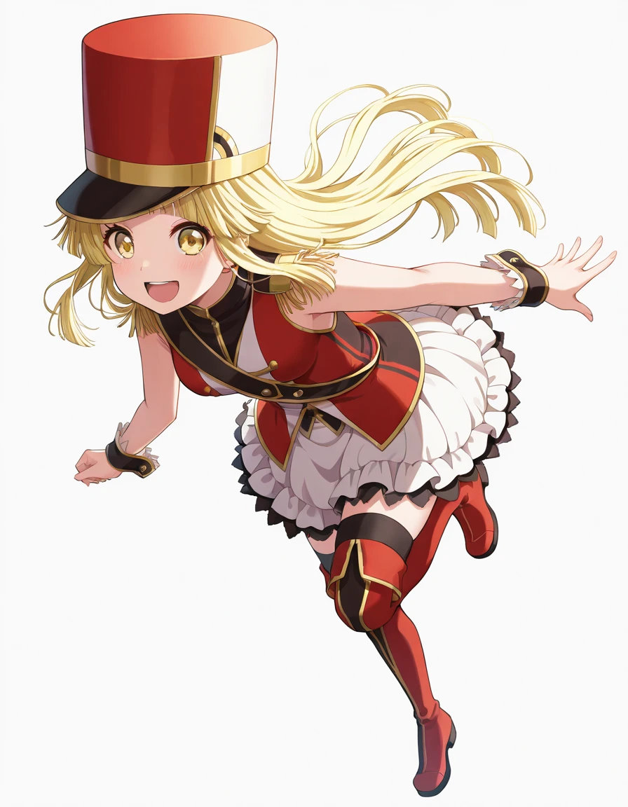 Volumetric Lighting, (masterpiece), (best quality), (ultra-detailed), illustration, ((disheveled hair, very good hair))), detailed eyes, perfect composition, moist skin, intricate details, very good lighting BREAK, Tsurumaki Kokoro, long hair, blonde hair, yellow eyes BREAK, kokorohhw, hhw skirt, hhw shako cap, hhw band uniform, hhw wrist cuffs, hhw thigh boots BREAK, ((white background)), looking at viewer, smile,open mouth, full body