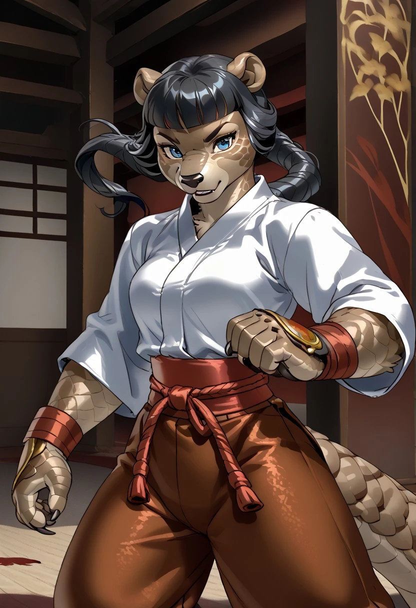 score_9, score_8_up, score_7_up, (by jailbird:1.5), (by kittydee:1.5), (by zummeng:1.5), masterpiece, best quality, (solo),
(Furry Art: anthro: pangolin:1.5), 1girl, expressive eyes, feminine eyes, <lora:beautiful_detailed_eyes:1>, perfect face, exotic mammal, plate-like scales, claws, long snout, small animal ears, brown skin, blue eyes, (black hair:1.5), (straight hair), (twintail hair), medium breasts, (kung-fu topwear:1.5), (kung-fu pants:1.5),