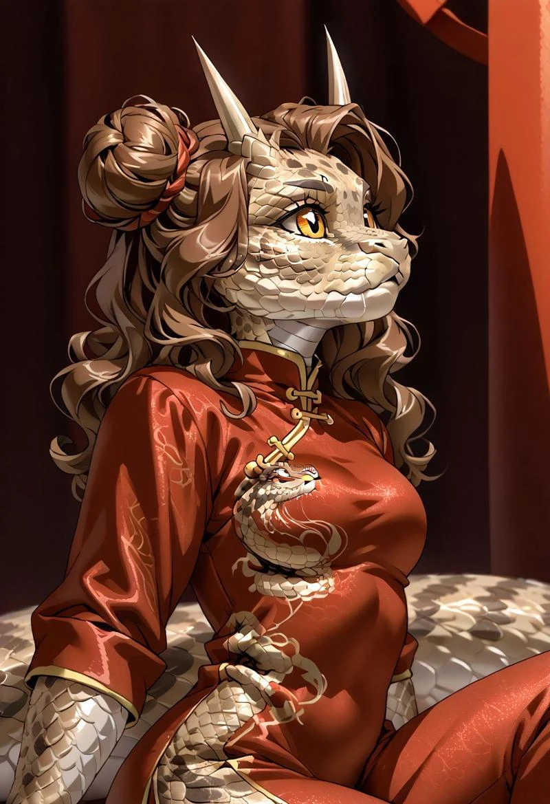 score_9, score_8_up, score_7_up, (by jailbird:1.5), (by kittydee:1.5), (by zummeng:1.5), masterpiece, best quality, (solo),
(Furry Art: anthro: saharan horned viper:1.5), 1girl, expressive eyes, feminine eyes, <lora:beautiful_detailed_eyes:1>, perfect face, snake, reptile, horned eyebrows, scales, multicolored scales, light brown scales, brown spots, white scales, snake eyes, yellow eyes, (brown hair:1.5), (wavy hair), (chinese hair buns), medium breasts, (chinese style shirt:1.5), (tight pants:1.5),