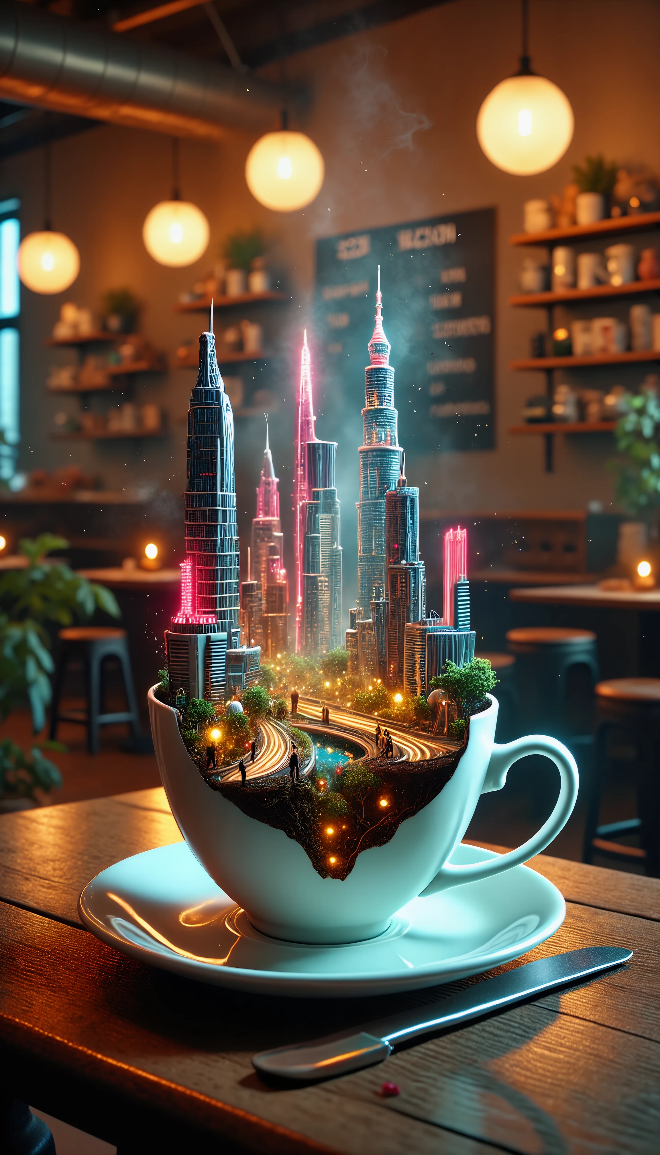 A cyberpunk city hidden world inside of a teacup set against a coffee shop background. The city is futuristic with neon accents.