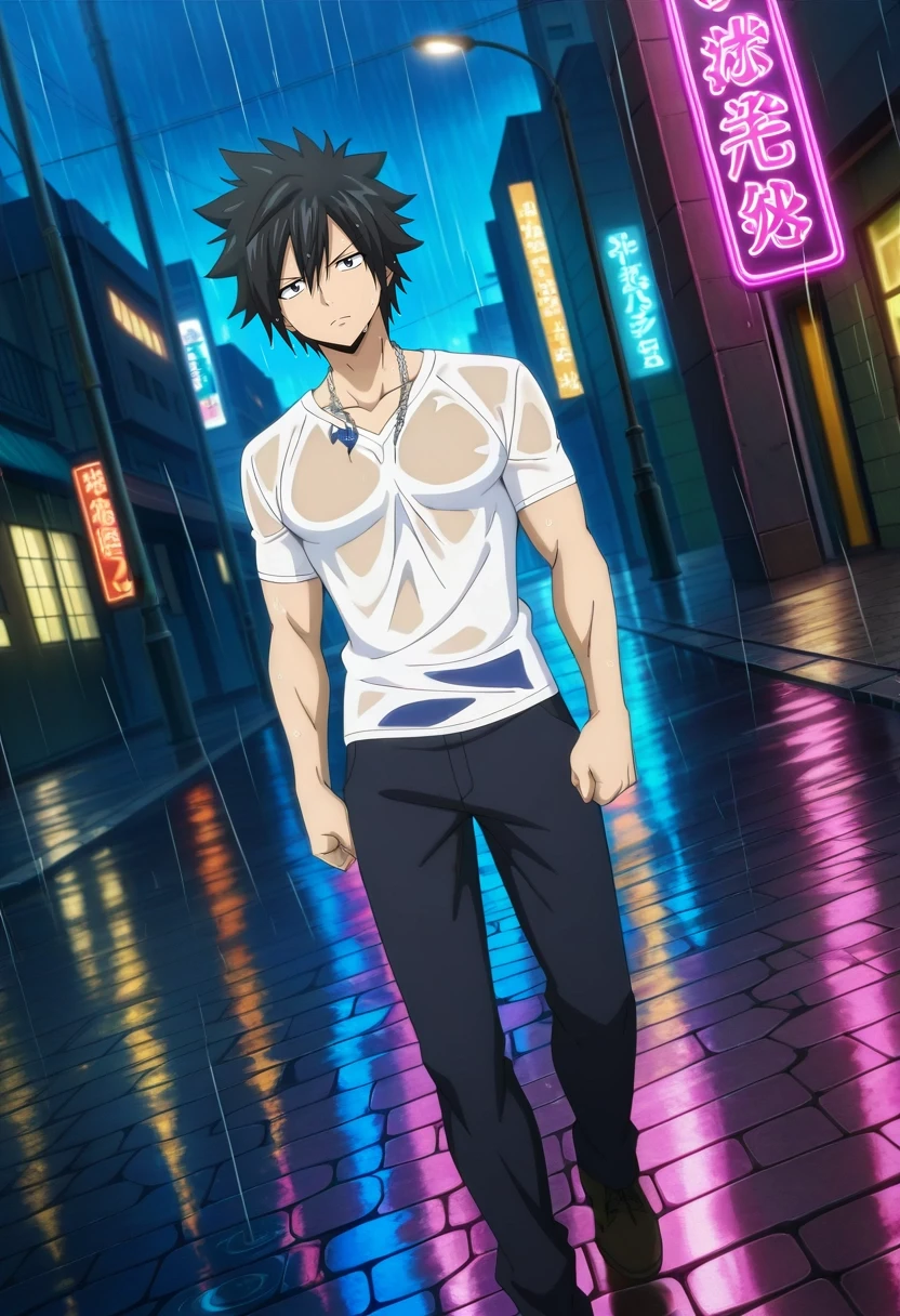 masterpiece, best quality, intricate details, anime screencap, anime coloring, official style, looking at viewer, 1boy, solo, male focus, <lora:gray_fullbuster_ilxl:0.9>, gray_fullbuster, black hair, black eyes, spiked hair, hair between eyes, , , street, neon sign, wet pavement, reflection, street light, urban, rain, dutch angle, night, walking pose, melancholic expression,