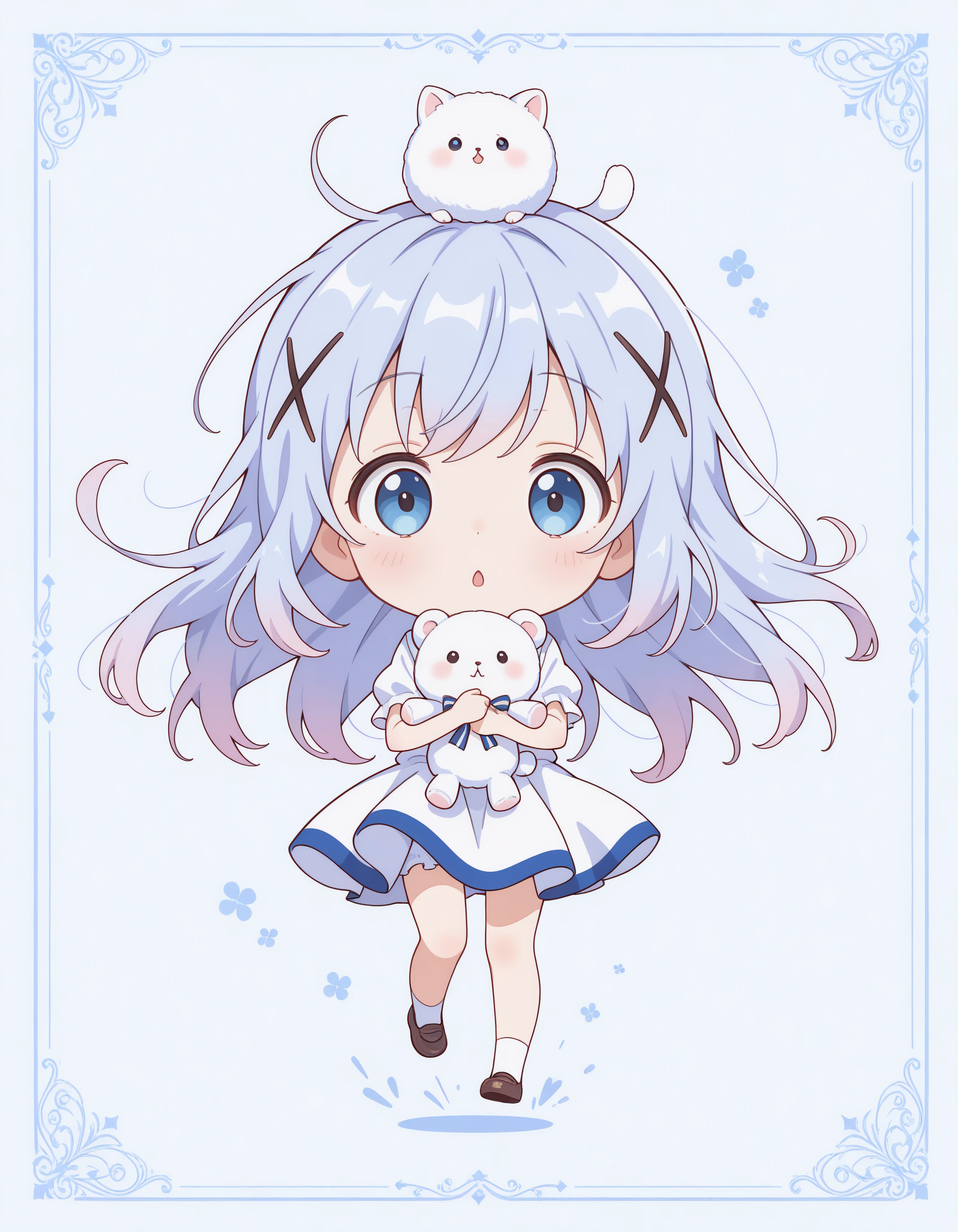1girl, blue eyes, chino_kafu, periwinkle colored hair, tiny, cute, innocent, long hair, hair ornament, chibi:1.2, holding teddy, falling down, :o, (clothed, ultra kawaii), hdr, low contrast,
masterpiece, best quality, absurdres, masterpiece, highres, perfect anatomy, anime style, anime screenshot, 8k wallpaper, ultra high quality, (extremely detailed cg), perfect lighting, (sharp image), dynamic angle