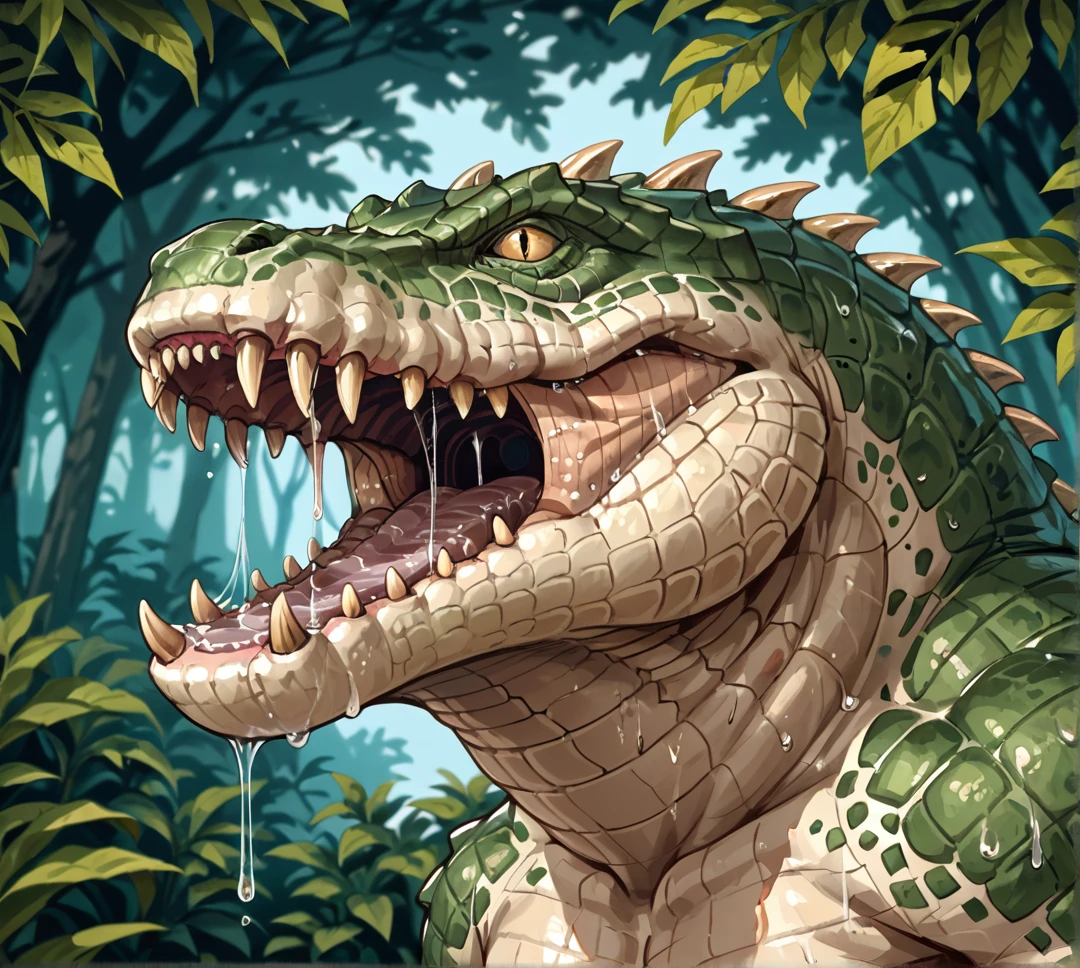 safe_pos, score_9_up,score_8_up,score_7_up,score_6_up,score_5_up,score_4_up, masterpiece, high quality, digital painting, source_monster, zPDXL3, BREAK,
portrait, close up, profile, side view, open mouth, roar, drool, saliva, spittle, saliva strand, forest background, blurry background,
Crocodilian, crocodylid, crocodile, werecroc, (monster), (creature), lizardman, lizardmen, reptile, scales, plated scales, spikes, back spikes, sharp teeth, muscular,
<lora:Croc for PonyXL_v2:0.75>