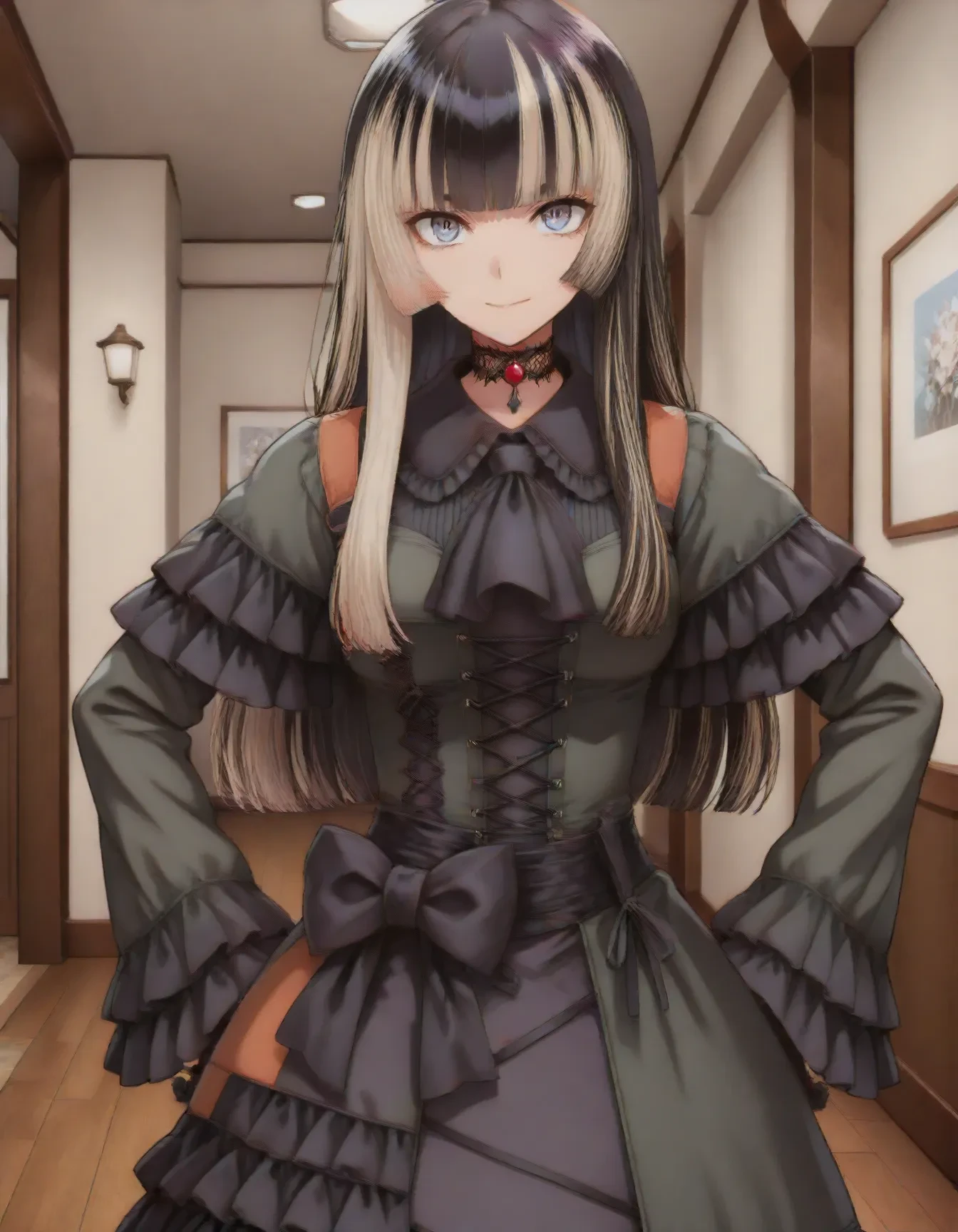 <lora:dmd2_sdxl_4step:1>,1girl,official style,masterpiece,best quality,newest,absurdres,highres,very awa,Anime,anime coloring,anime screencap,<lora:Holo_Raden:1>,juufuutei raden,solo,black hair,multicolored hair,long hair,hime cut,choker,black ascot,multicolored dress,black dress,green dress,frills,black bow,waist bow,long sleeves,black gloves,art gallery,smile,hands_on_hips,