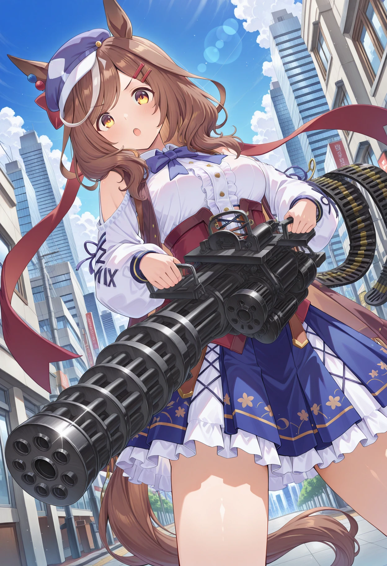 masterpiece, absurdres, newest, 1girl, c-m134, holding m134, two-handed, ammunition belt, matikane tannhauser \(umamusume\), umamusume, 1girl, horse girl, horse ears, horse tail, ears through headwear, yellow eyes, brown eyes, brown hair, medium hair, streaked hair, white hair, long hair, hairclip, medium breasts, cabbie hat looking at viewer, outdoors, city, day, lens flare, dutch angle, shiny metal, metal, :o, bullets,