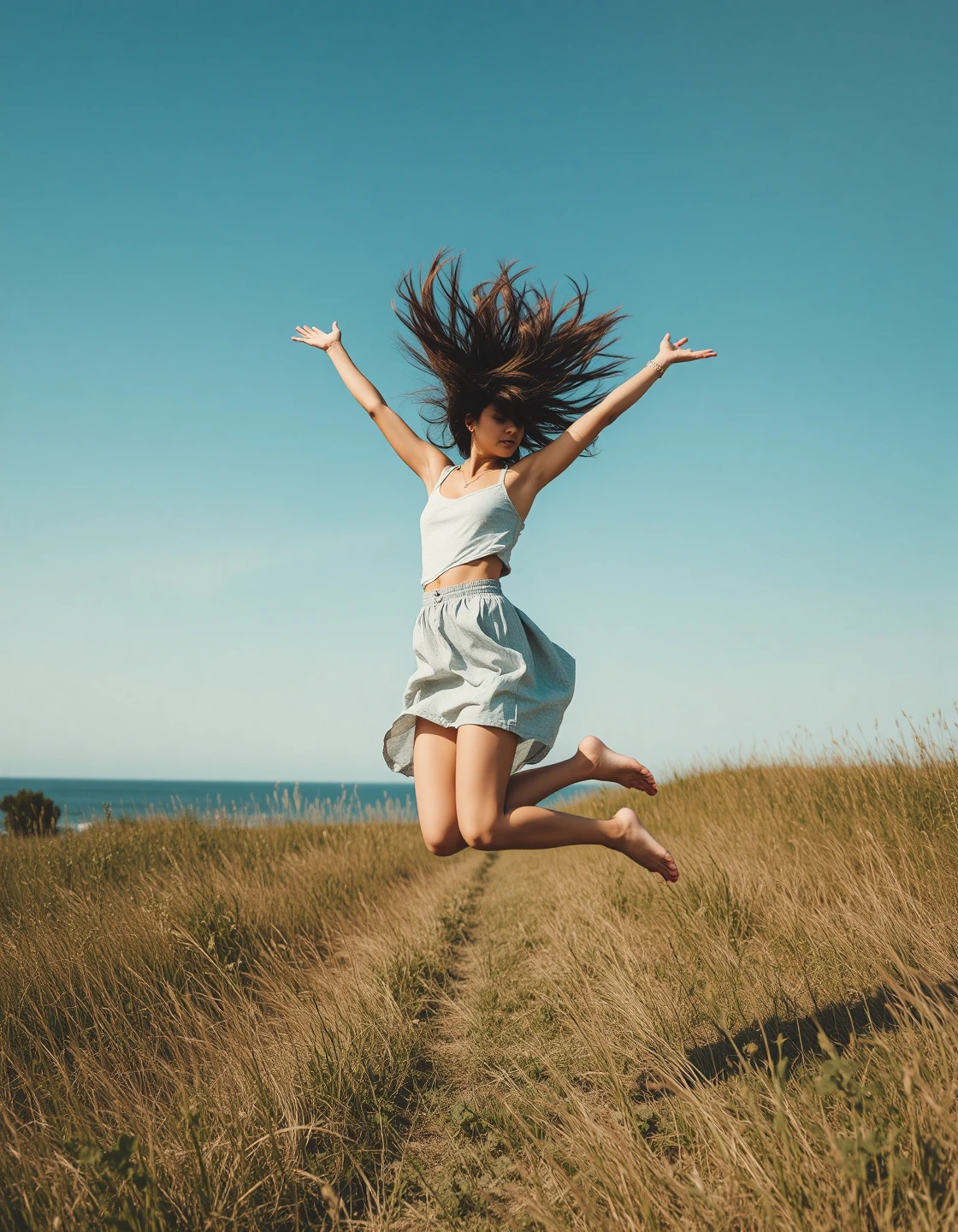 a woman jumping, her long hair floating upwards