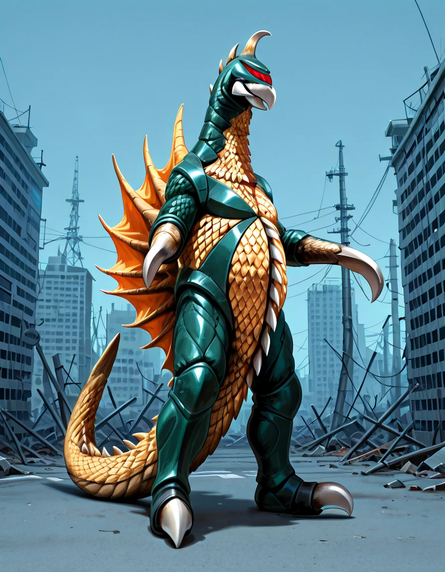 gigan , <lora:gigan:1> , , ruined city background ,