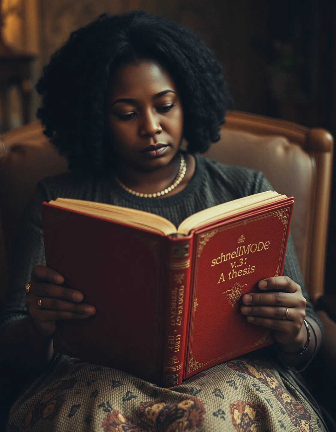 An african american woman, approx 40 years old, she's sat reading a red leatherbound book with a gold title on the front in a gothic font, the title reads (("schnellMODE v3.3 - A thesis"))
