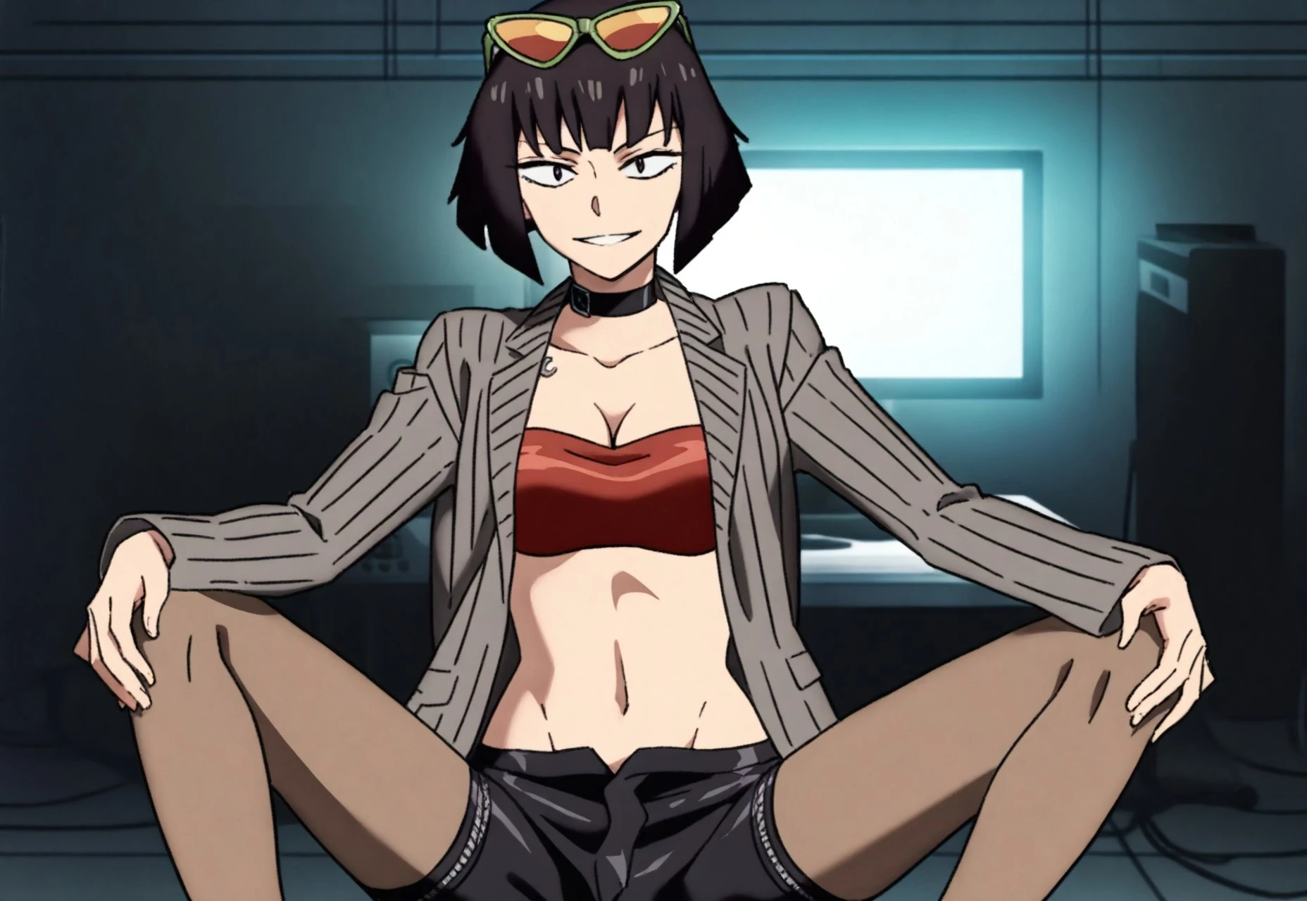 rating_explicit, lady from devil may cry, white jacket, black bra, smile, crossed legs