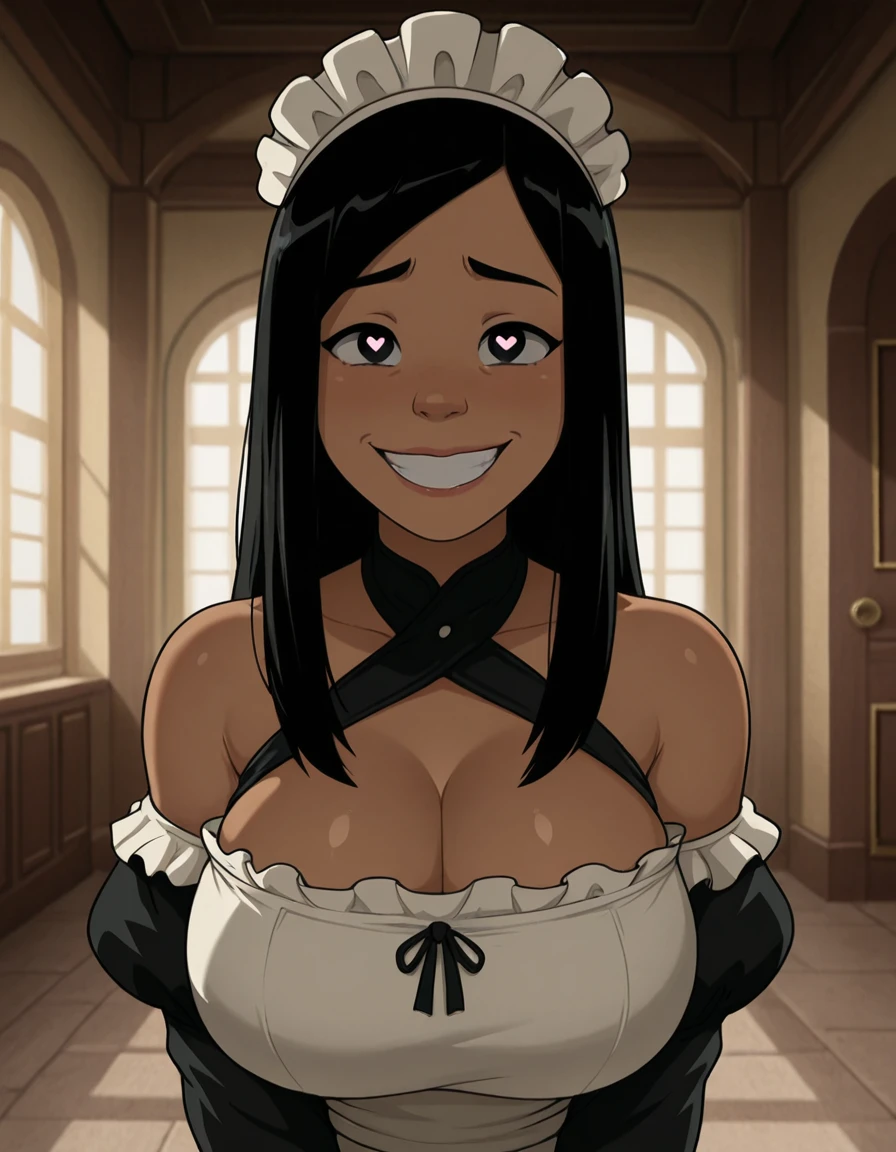 looking at viewer, smile, <lora:Joo_Dee_ATLA_IL:1> , joodeeatla, black hair, black eyes, long hair, dark-skinned female, maid outfit, dimples, grin, nervous, , maid, maid headdress, bare shoulders, huge breasts, heart-shaped pupils, solo,, masterpiece,best quality,amazing quality,