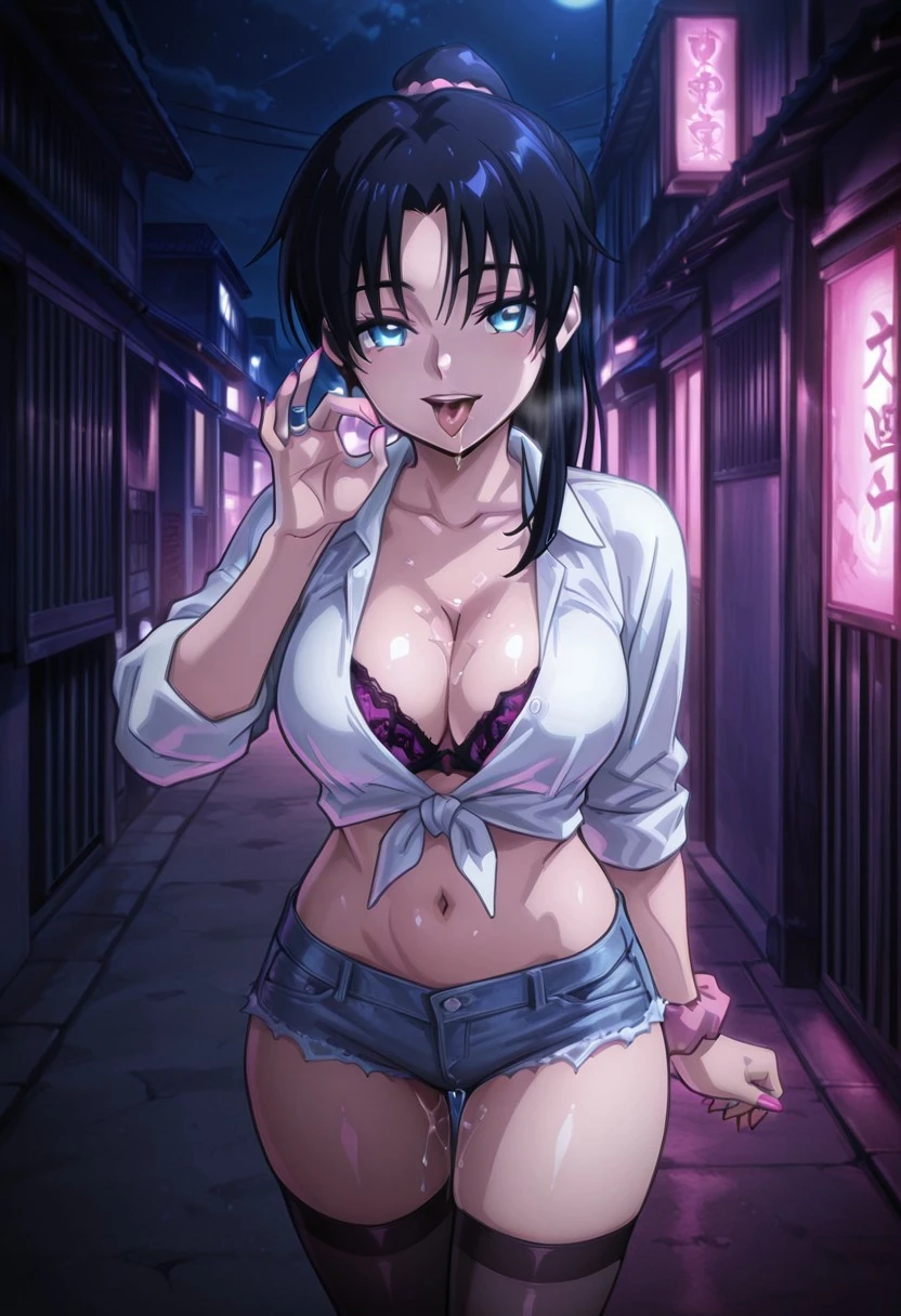 saki, (solo:1.1), (short purple hair, red eyes:1.0), blush, lipstick, evil smile, masterpiece, best quality, ((unbuttoned , , necklace, earrings, sexy bodbreasts)) ,skirt, smiling, navel , exposed belly, exposed navel,school, knot, 
classroom , holding a gun, hold a gun