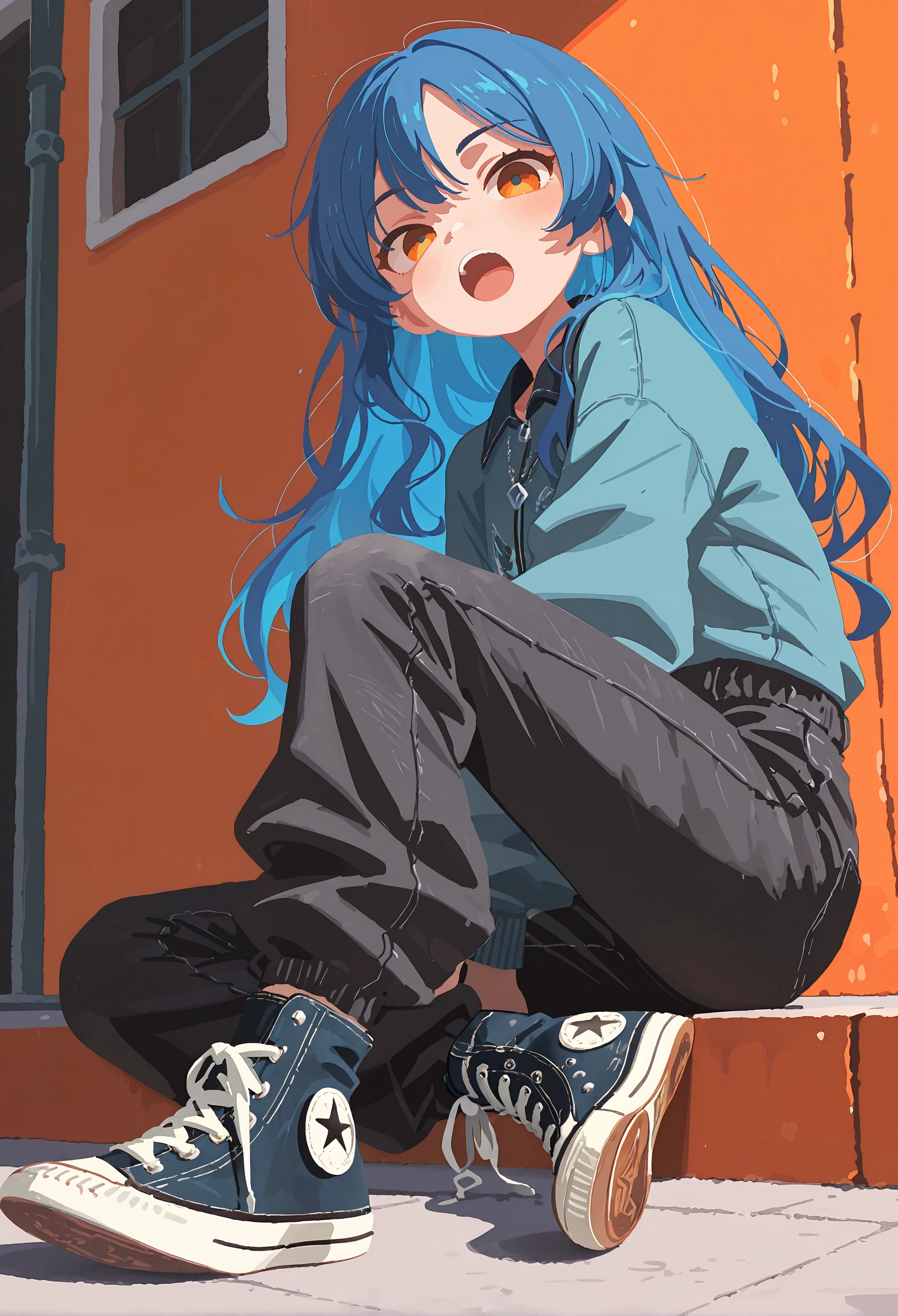 intricate details,masterpiece, very aesthetic, absurdres, <lora:t4kar4i_shunsuk3:1>,t4kar4i_illu, 1girl, solo, pants, long hair, sitting, blue hair,long hair, open mouth, looking at viewer, shoes, orange eyes ,converse, dynamic pose,no_outlines,no lineart,