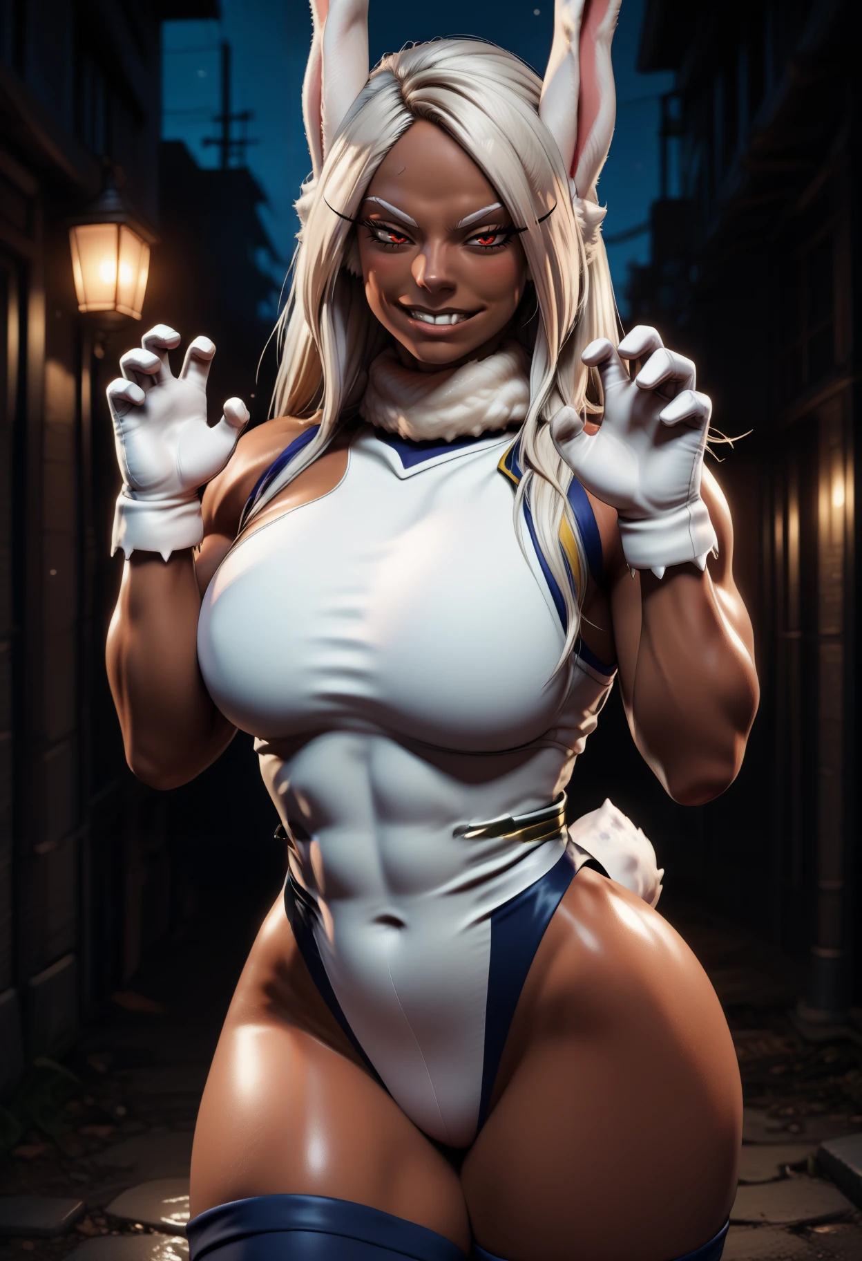masterpiece, best quality, 3d, shiny skin, newest, hdr, dark, night, outdoors, moonlight, alley, 1girl, solo, mirko, dark-skinned female, thick thighs, muscular, abs, rabbit girl, rabbit ears, rabbit tail, tail through clothes, white hair, long hair, parted bangs, long eyelashes, red eyes, white glove, white gloves, fur collar, white leotard, blue thighhighs, claw pose, clenched teeth, smile,