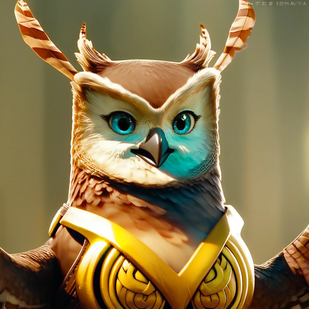 BREAK score_9, score_8_up, score_7_up, source_cartoon, 1girl, Solo, Longclaw_(Sonic), owl, feral, two-tone feathers, brown-white, blue eyes, two long feathers, two feathers behind the ears, brown wings, golden armor, chest armor,