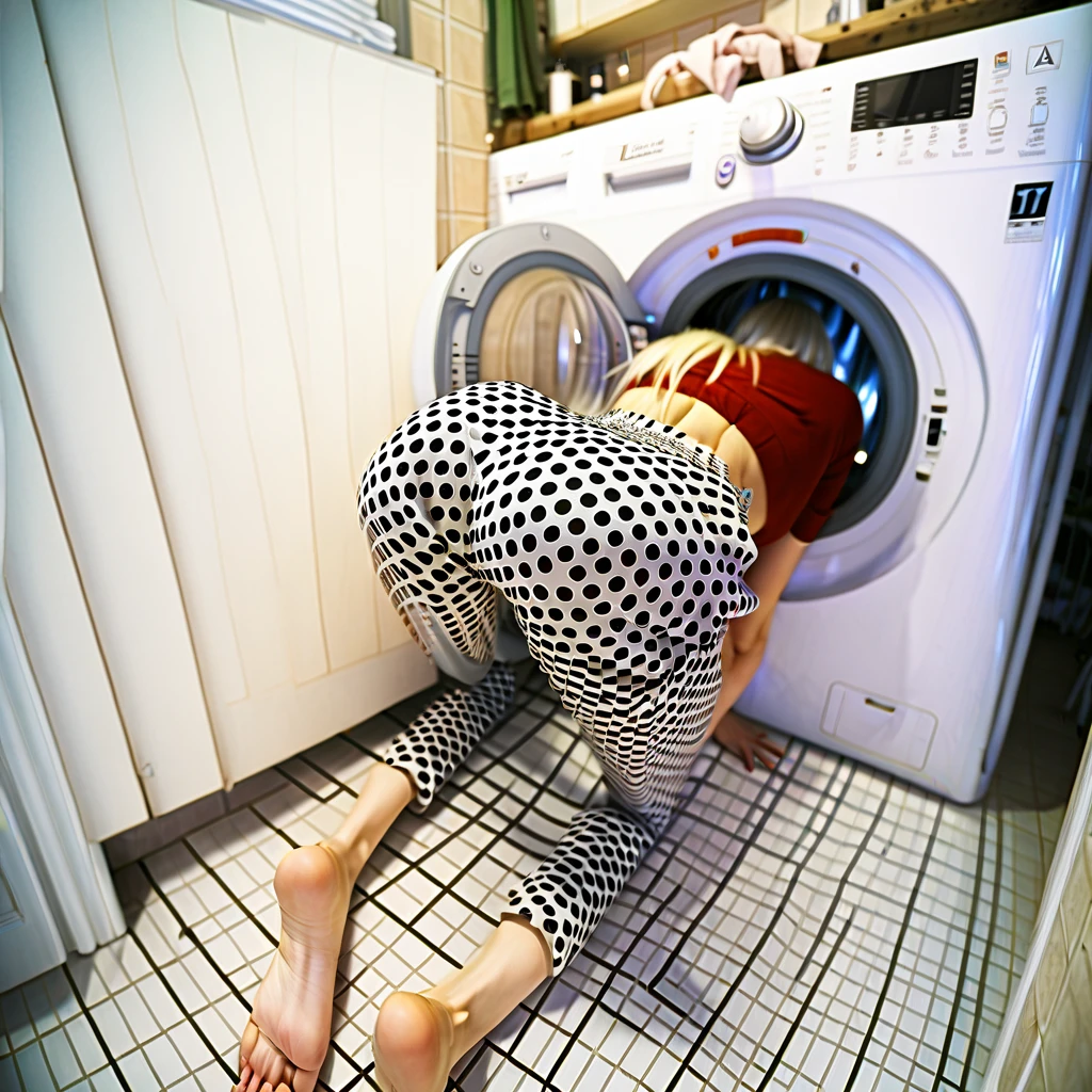 Score_9, score_8_up, score_7_up, w4sh1ng-m4chine, washing machine (object), ass, washing machine, solo, ass focus, animal print, from behind, pants, blonde hair, indoors, all fours, 1girl, tiles