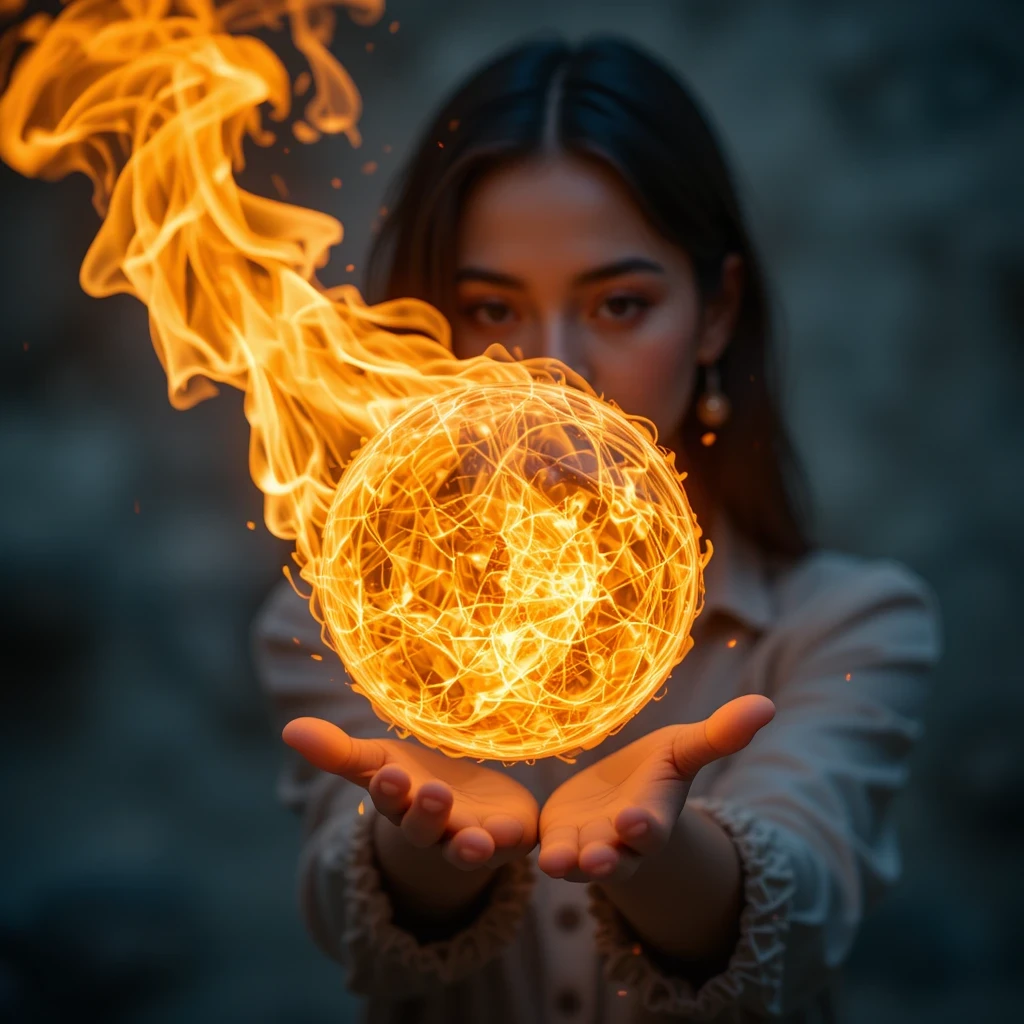 woman creating a round fireball, fire flames