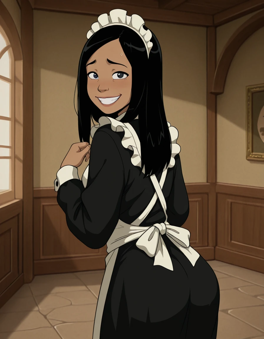looking at viewer, smile, <lora:Joo_Dee_ATLA_IL:1> , joodeeatla, black hair, black eyes, long hair, dark-skinned female, maid outfit dimples, grin, nervous,, masterpiece,best quality,amazing quality,