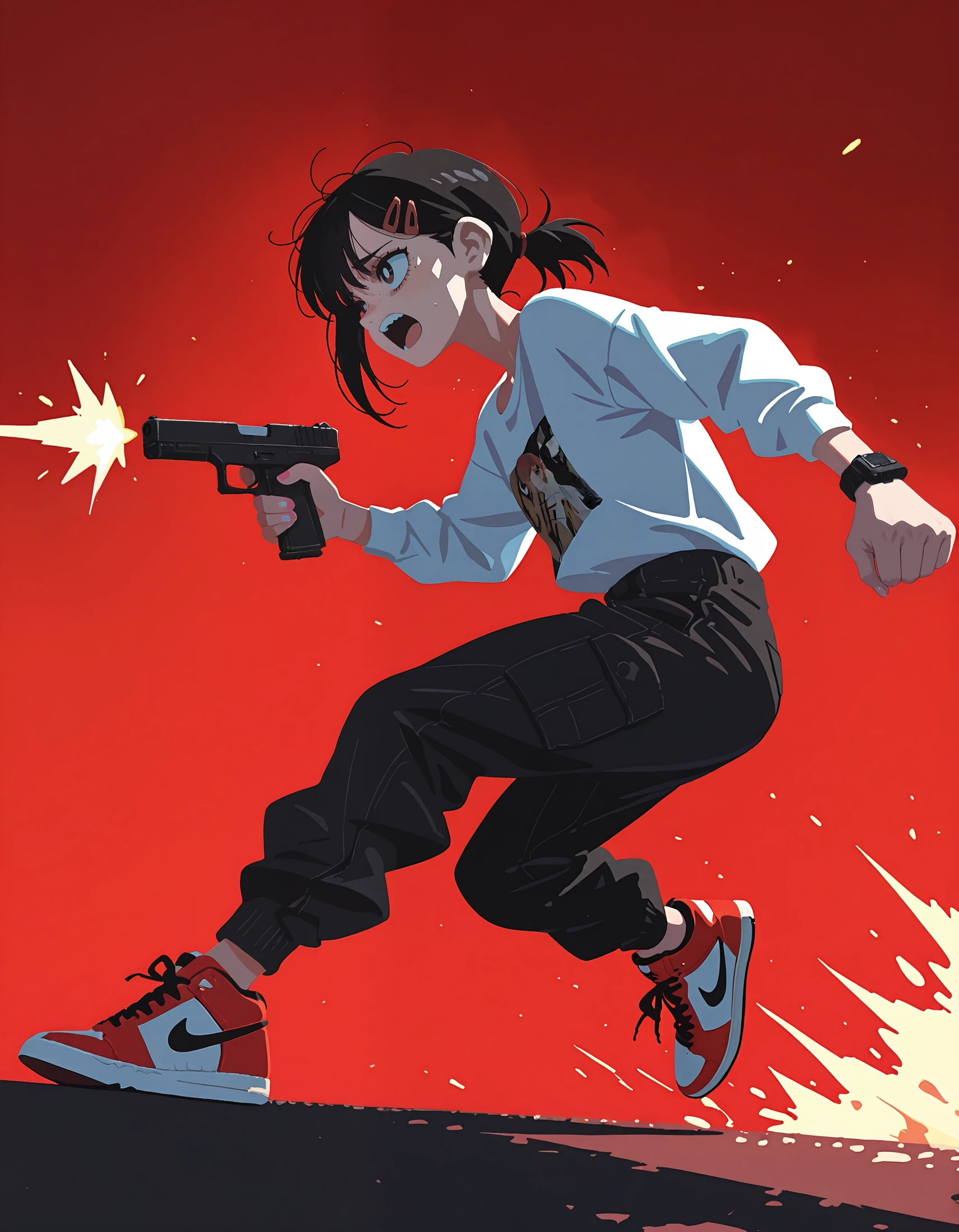 intricate details,masterpiece, very aesthetic, absurdres, <lora:t4kar4i_shunsuk3:1>,t4kar4i_illu, no_outlines,no lineart,higashiyama kobeni, Anime style, stylized character, firing,dynamic action, white shirt, dark pants, sneakers, spiky black hair, red background,running,nike,red sneakers,  dynamic composition, holding glock, aggressive expression, sharp angles, cartoon aesthetics, urban youth, dramatic lighting, high contrast, digital illustration, vector art style, bold colors, action-packed scene,abstract element,