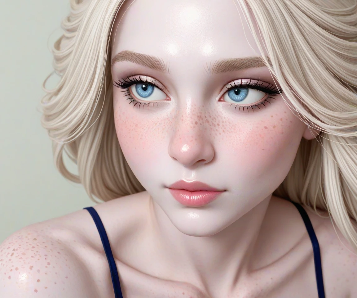 (nude:0.6),(proudly happy:0.2),
glossylips,motherly,,
(tanktop cleavage:0.8),
(european look,:0.7)
cute nose, glossy lips,highgloss,
chest close up macro details, intimate close near detailed,macro, being caught,embarrassed,
trying to look away, (furtive:0.8), (covert:0.3),
(shiny oiled skin:0.7) moist,
bored, (lips slightly parted:0.9), (front_teeth:0.7),
collarbone,neck, slouched,
(side profile:0.7), motion_lines,movement_lines,, masterpiece, high res, highest quality,, Elsa the Snow Queen ,Frozen,
Elsa is a beautiful young girl, has a tall and slender build, blue eyes, rosy cheeks, thin pink lips, a small nose, long, platinum-blonde hair, and pale skin with a light dusting of freckles. platinum-blonde hair.