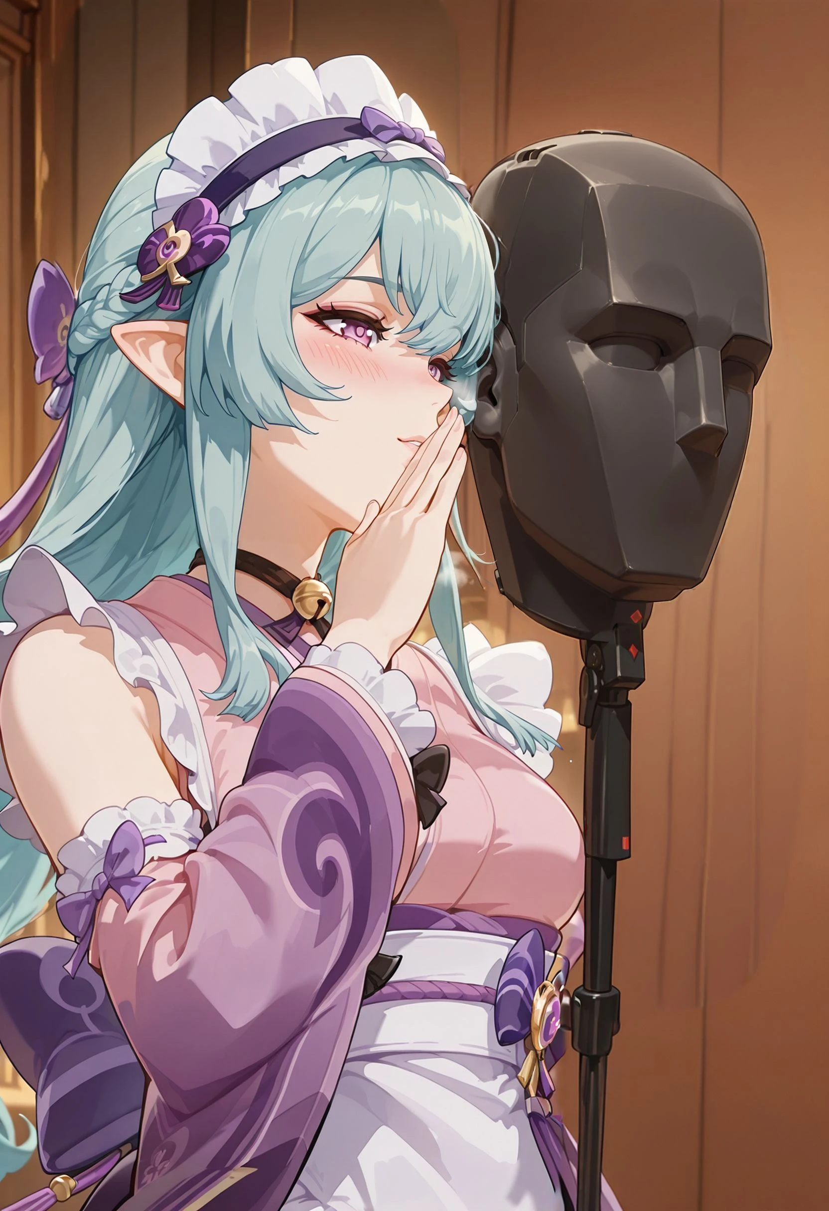 anime, anime coloring,
couple, 1girl, whispering, asmr,
genshin impact, gnshnymmzkmzk, bangs, bell, bow, breasts, detached sleeves, eyebrows visible through hair, jingle bell, kimono, long hair, long sleeves, maid headdress, medium breasts, neck bell, pointy ears, purple bow, purple eyes, green hair, sash, wide sleeves, apron, japanese clothes, kimono, sleeves past wrists, wa maid,
asmrtrgwd,
<lora:genshin_yumemizuki_mizuki_illustrious:0.8:0.8:lbw=1,0,0,0,0,0,1,1,1,0,0,0>