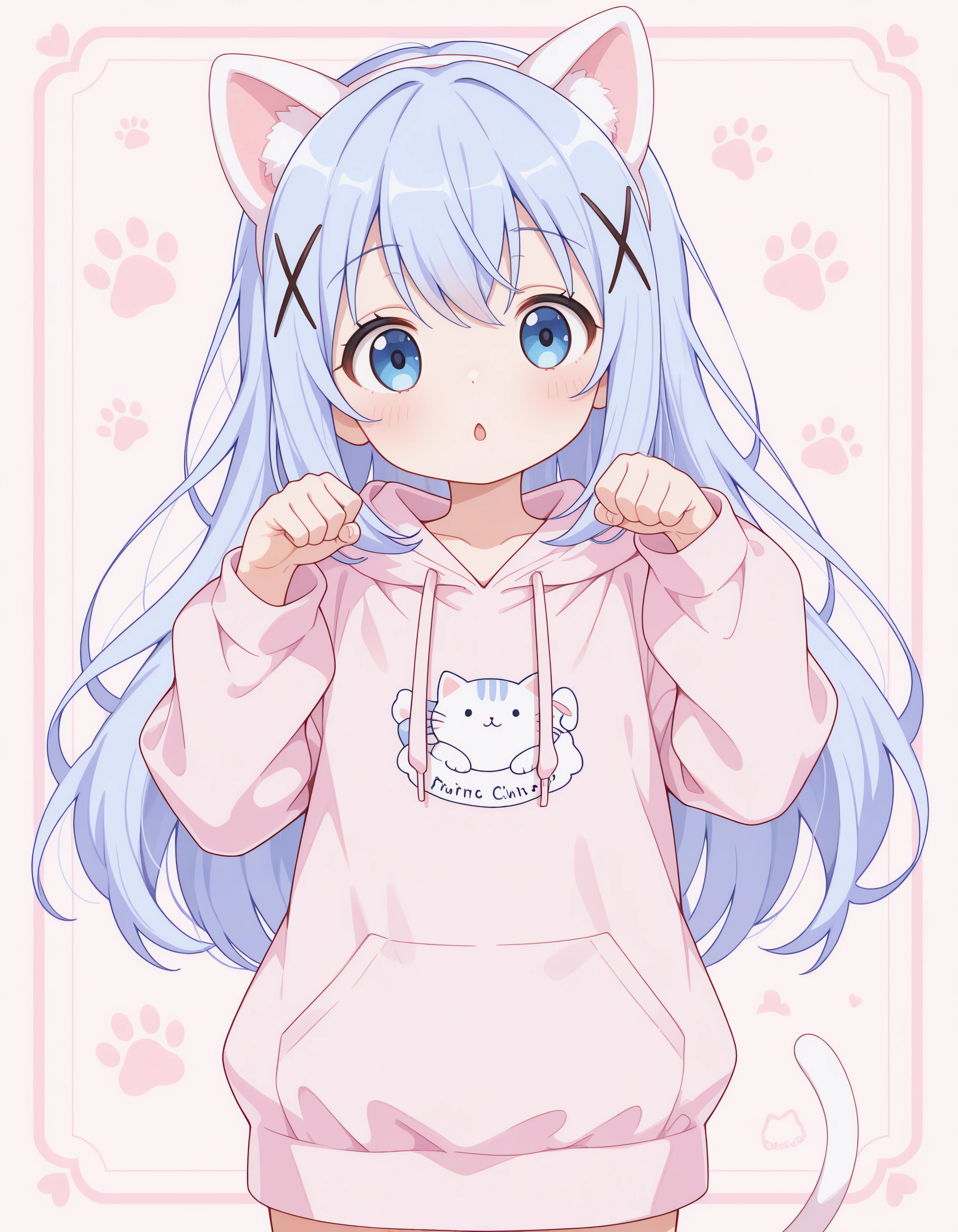 1girl, blue eyes, chino_kafu, periwinkle colored hair, tiny, cute, innocent, long hair, hair ornament, posing like a cat, paw pose, , (pastel colored oversized hoodie, fake cat ears), fake cat ears, :o, (clothed, ultra kawaii), hdr, low contrast, looking at viewer,
masterpiece, best quality, absurdres, masterpiece, highres, perfect anatomy, anime style, anime screenshot, 8k wallpaper, ultra high quality, (extremely detailed cg), perfect lighting, (sharp image), dynamic angle