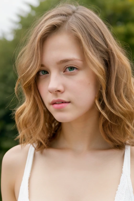 a young girl 17-19 years old with a lean and slim frame,a rather too sickly pale complexion which makes her soft doe forest green eyes stand out,long wavy strawberry blonde hair with peach plump lips and freckles that decorate her face touching her soft features //ethereal artstyle//