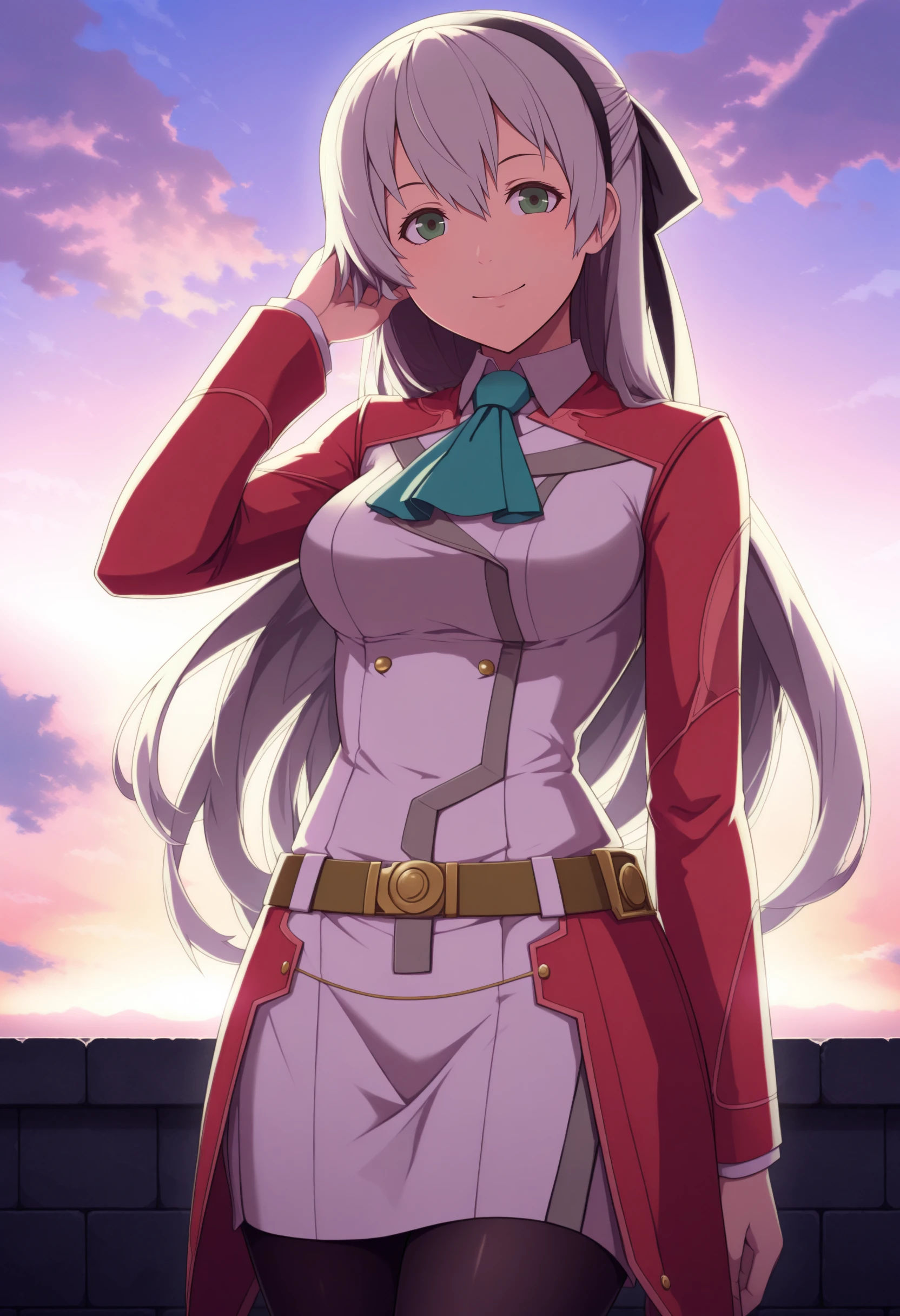 masterpiece, best quality, solo, 1girl, smile, looking at viewer, <lora:FE3H-S-Rank-illus_Fp:1>, sky, cloud, sunset, brick wall, <lora:elie-illu-nvwls-v1:1>, zrelie, grey hair, long hair, half updo, green eyes, black hairband, hair ribbon, white and red uniform, white dress, aqua ascot, brown belt, black pantyhose,