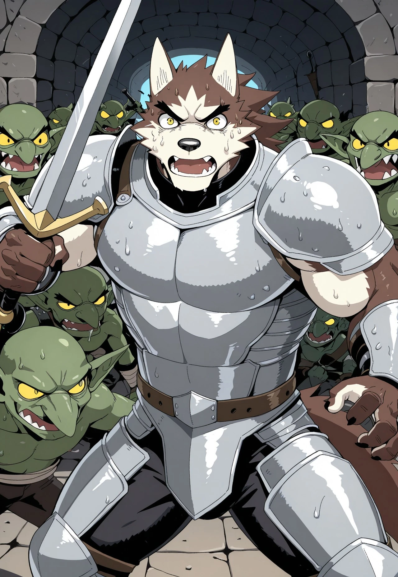 dark, inside dungeon, stone bricks, furry male, 1boy, male focus, solo focus, bara, yaoi, hero_wolf, thick eyebrows, yellow eyes, brown fur, tail, knight outfit, holding sword, sweat, posing, open mouth, serious, multiple boys, goblin, surrounded, fighting monsters, cowboy shot, masterpiece, best quality, amazing quality