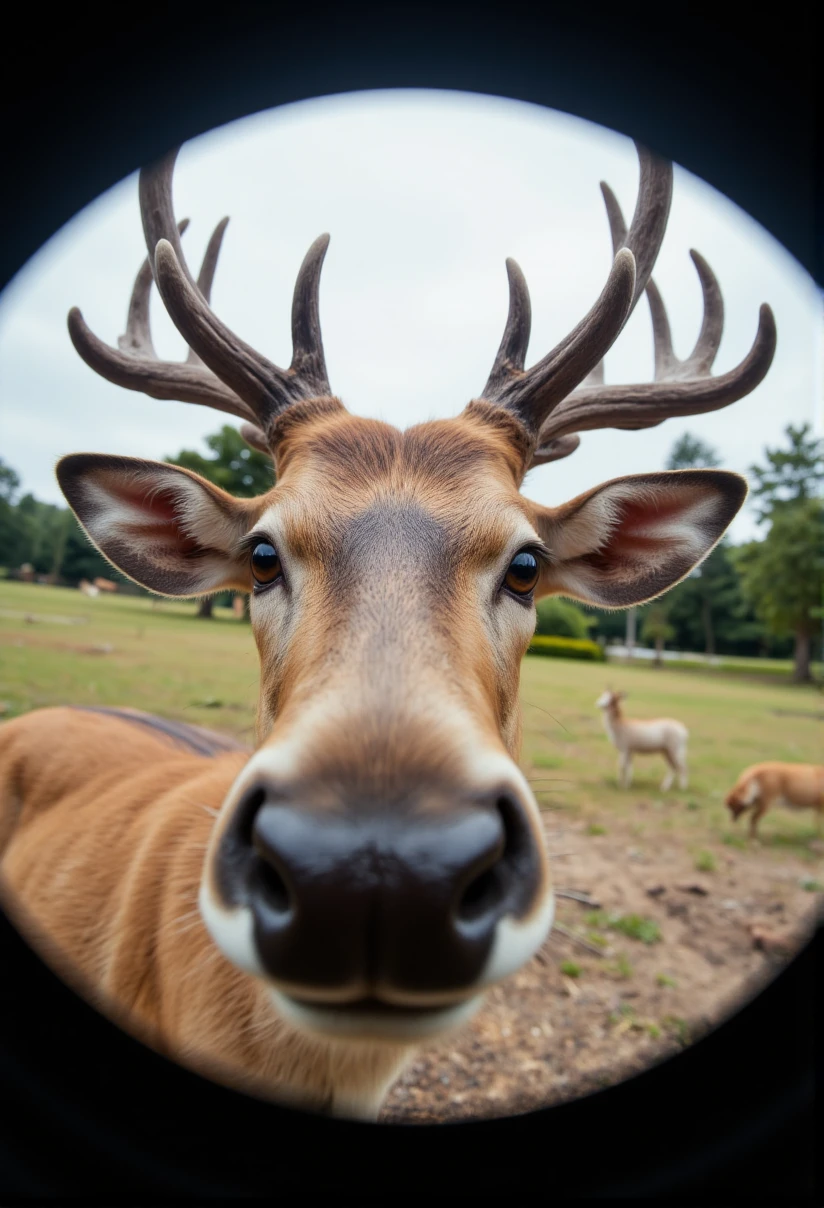 Fisheye lens, the head of the sika deer is facing the lens; A park in Southeast Asia in the background; show the harmony between animals and nature; Aerial footage, HD texture, cinematic texture, 4K HD; realism, hyper-portraiture, delicate detail; A masterpiece, in the style of Gus Van Sant.