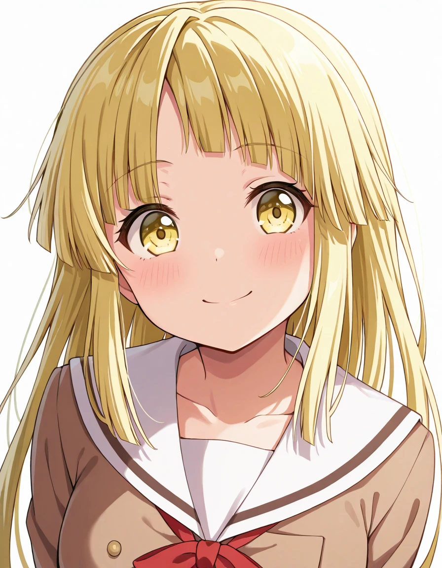 Volumetric Lighting, (masterpiece), (best quality), (ultra-detailed), illustration, ((disheveled hair, very good hair))), detailed eyes, perfect composition, moist skin, intricate details, very good lighting BREAK, Tsurumaki Kokoro, long hair, blonde hair, yellow eyes BREAK, hanasakigawa school uniform BREAK, ((white background)), looking at viewer, smile