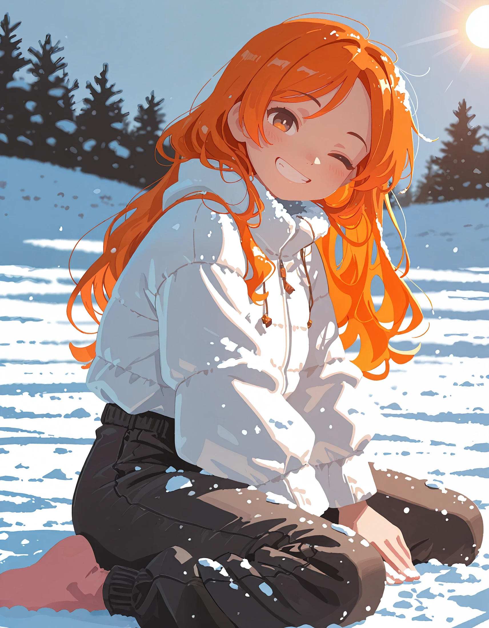 intricate details,masterpiece, very aesthetic, absurdres, <lora:t4kar4i_shunsuk3:1>,t4kar4i_illu, no_outlines,no lineart,1girl, solo, long hair, orange hair, one eye closed, smile, sitting, snow, wariza, pants,soft_lighting,depth of field, sun_light,