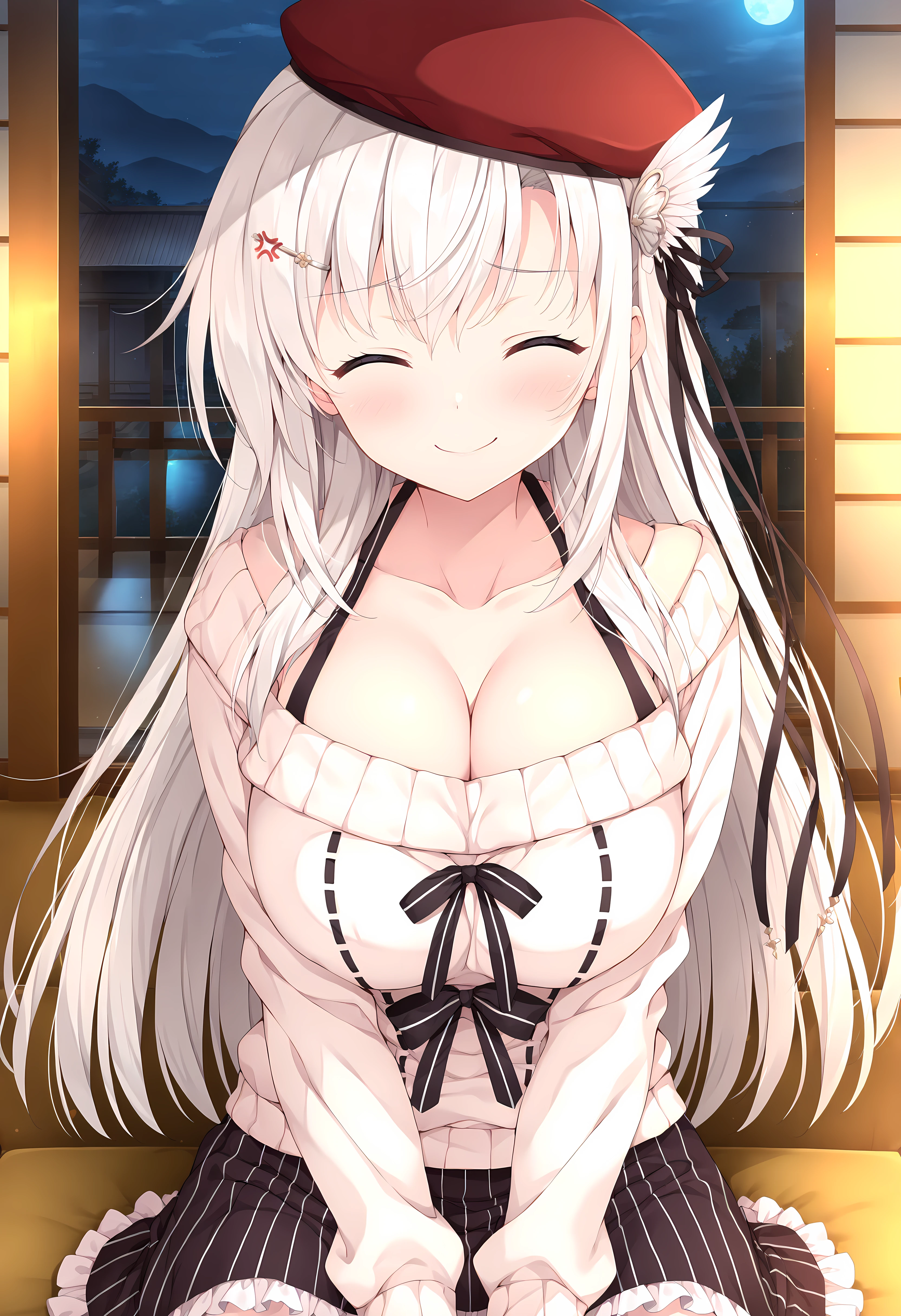 1girl, solo, long hair, big breasts, looking at viewer, smile, bangs, clock blue eyes, red eyes, dancing, removing clothes, brassiere, bow, animal ears, cleavage, bare shoulders, twintails, medium breasts, very long hair, closed mouth, tail, white hair, pantyhose, sidelocks, indoors, bowtie, rabbit ears, blurry, leotard, cup, wrist cuffs, bare arms, strapless, covered navel, leaning forward, detached collar, fake animal ears, heterochromia, blue bow, playboy bunny, rabbit tail, strapless leotard, white pantyhose, white leotard,