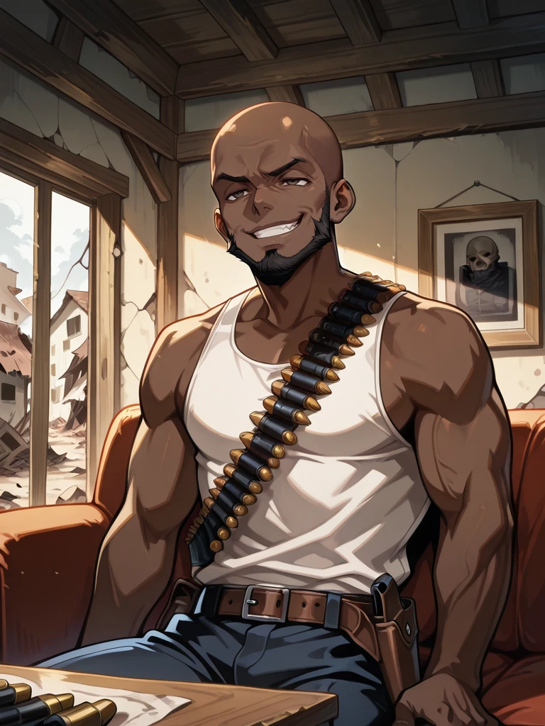 <lora:B._A._Reynald:1>,Reynald,1boy,bald,
tattered white tank top,ammunition bandolier,belt,holster,sitting,sofa,table,smug,arid building,indoors,destroyed dusty house,
masterpiece,best quality,ultra detailed
