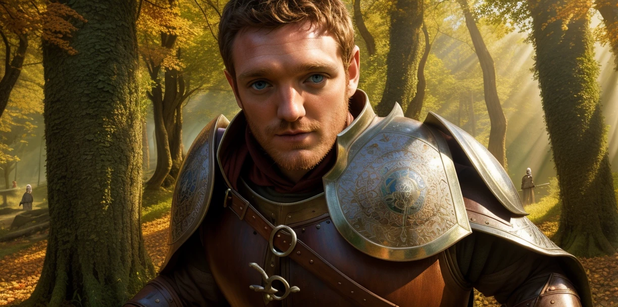 tom mckay, realistic eyes, HD, ray tracing,depth of field,subsurface scattering,
facial hair, Short beard, Short hair,
contrast, illustration lighting, illustration man,
detailed hair, detailed eyes, illustration photo of a forest in autumn, standing, wearing armor,messy hair,mountains,medieval scenery, natural light, god rays, dirty face, rugged, masterpiece, best quality, ultra-detailed, high res, (((medieval-forest-inside-scenery))), townsfolk, background characters, fantasy art, fantasy, action shot, highly detailed, digital painting, intricate, elegant, d&d, dreamlike, surrealism, vibrant lighting, illustration, fantasy art, <lora:Tom McKay-000003:1>