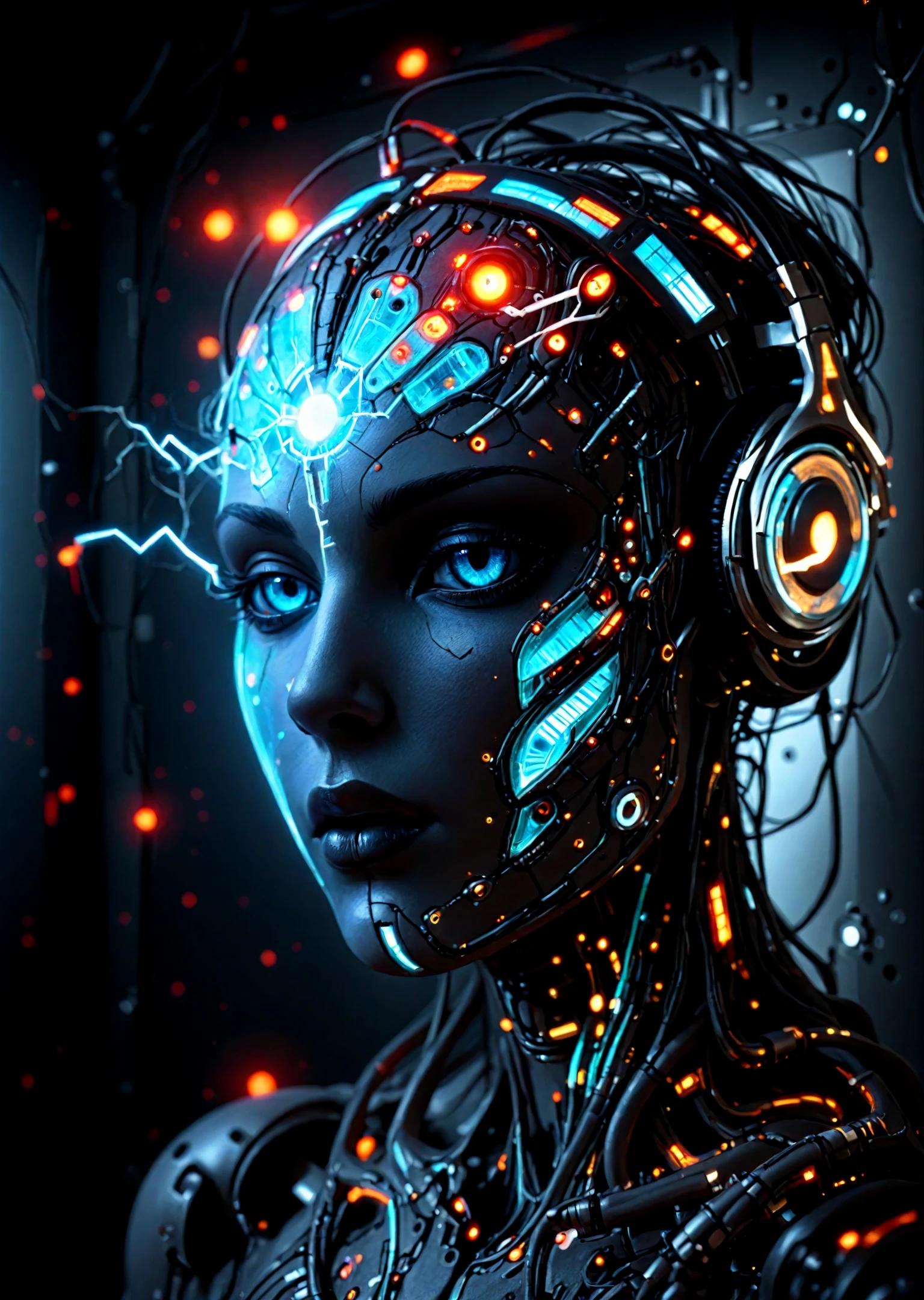 A hyper-realistic, unsettling close-up portrait fusing two enigmatic figures into a single, otherworldly being. The spectral, all-knowing cyborg emerges with a smooth, glowing surface of advanced technology, its face featureless yet alive with intricate digital patterns. Electric blue lines pulse across its surface, shifting and morphing like a living neural network, suggesting an existence within a vast interconnected web. Hollow eyes radiate an eerie, ethereal quality, as if seeing beyond the physical realm, and glowing circuits blend seamlessly into its surroundings, a deep gradient from white to pale blue filled with subtle digital glitches hinting at higher intelligence. From the shadows of this cybernetic form, the rugged presence of a slightly muscular man emerges as a faint duality. His unkempt hair falls like strands of static across the glowing face, revealing one piercing eye that gleams with intensity. A sly, mischievous grin hints at a dangerous charisma, contrasting with the pastel-colored T-shirt and oversized vintage black headphones resting heavily against the figure’s sleek, technological frame. The pale monitor glow casts an eerie light over both organic and digital textures, blending the rugged and the spectral into a single captivating, otherworldly presence. The result is an unnerving harmony of man and machine, a haunting observer that feels alive yet unreachably distant., <lora:lora\Add_more_details_V2_XLpony.safetensors:0.8:0.8>