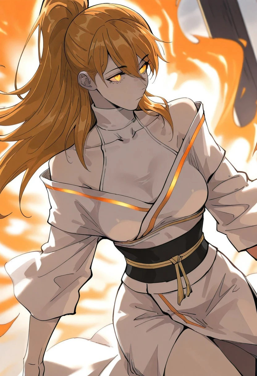 masterpiece, highres, absurdres, dynamic pose, dutch angle,
xiaoninger, 1girl, ponytail, long hair, orange hair, bangs, orange eyes, bare shoulder, breasts, collarbone, hair between eyes, white dress, kimono, sash, two tones dress, turtleneck, looking back, sideways glance, staring, glowing orange eyes, glowing clothes, glowing eyes, cowboy shot, floating clothes, floating hair, blurry foreground, blurry background