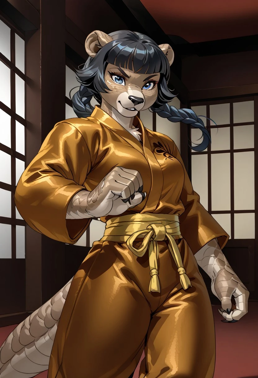 score_9, score_8_up, score_7_up, (by jailbird:1.5), (by kittydee:1.5), (by zummeng:1.5), masterpiece, best quality, (solo),
(Furry Art: anthro: pangolin:1.5), 1girl, expressive eyes, feminine eyes, <lora:beautiful_detailed_eyes:1>, perfect face, exotic mammal, plate-like scales, claws, long snout, small animal ears, brown skin, blue eyes, (black hair:1.5), (straight hair), (twintail hair), medium breasts, (kung-fu topwear:1.5), (kung-fu pants:1.5),