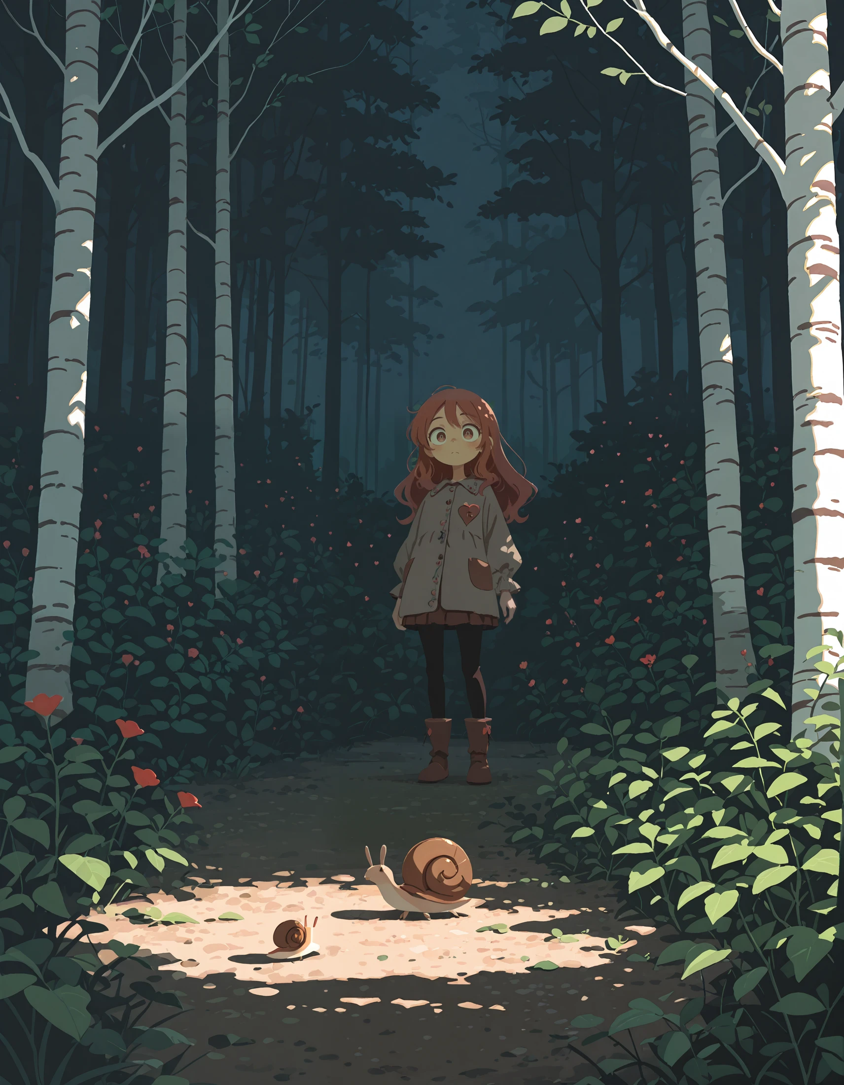 intricate details,masterpiece, very aesthetic, absurdres, <lora:t4kar4i_shunsuk3:1>,t4kar4i_illu, no_outlines,no lineart,1girl, birch trees, hidden figure, wide-eyed character, lush foliage, heart-shaped leaves, tiny red flowers, snail, whimsical, mysterious, dark forest, anime style, digital art, intricate details, muted colors, green and brown palette, fantasy illustration,