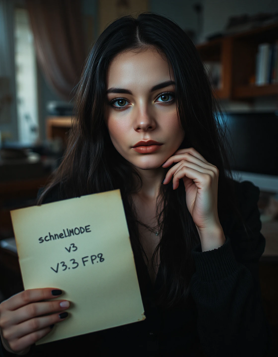 portrait of a beautiful young woman, early 20s, front view, looking at the viewer, She has light skin and dark hair, She also has a gothic aesthetic. Her expression is neutral, right hand near the neck. The background shows a room with furnitures and desk with computer and monitor. Left hand holding a paper with handwritten text that reads "schnellMODE v3.3 FP8". dimly lit room, low light condition, moody atmosphere.
