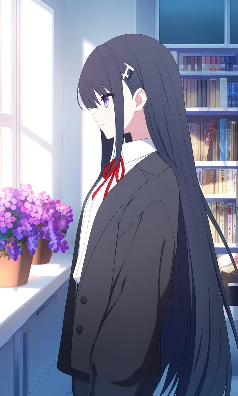 1girl, black hair, black jacket, black pants, book, closed mouth, collared shirt, flower, hair ornament, indoors, jacket, long hair, long sleeves, open clothes, open jacket, pants, pink flower, profile, purple eyes, purple flower, red ribbon, ribbon, shirt, solo, very long hair, white shirt, no halo, official art, blue archive, game cg, non-web source, newest