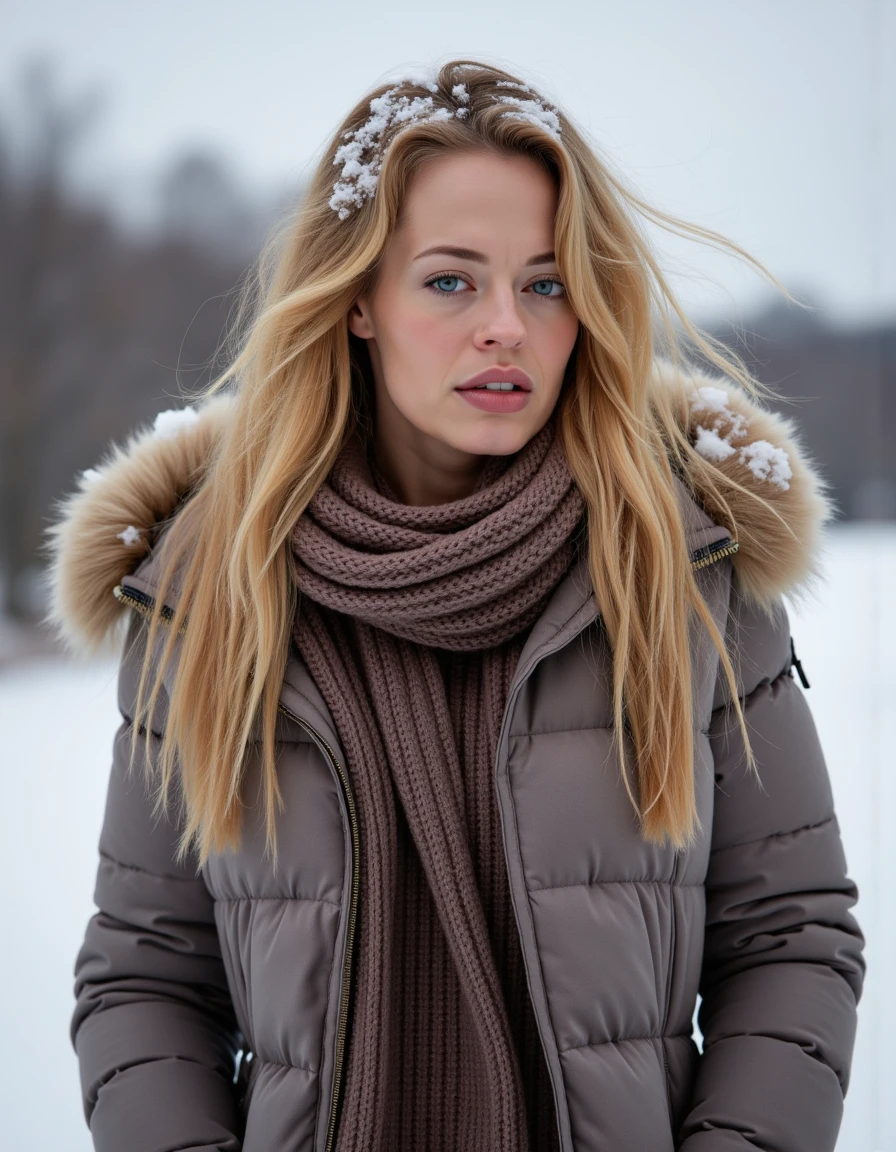 8k hdr. <lora:Jeriryanflux1a-000001:1> she has blonde hair and full lips wearing winter clothes thick jacket, sweater and scarf, snow is accumulating on her hair, shoulders and clothes, Dynamic pose, at Dawn,